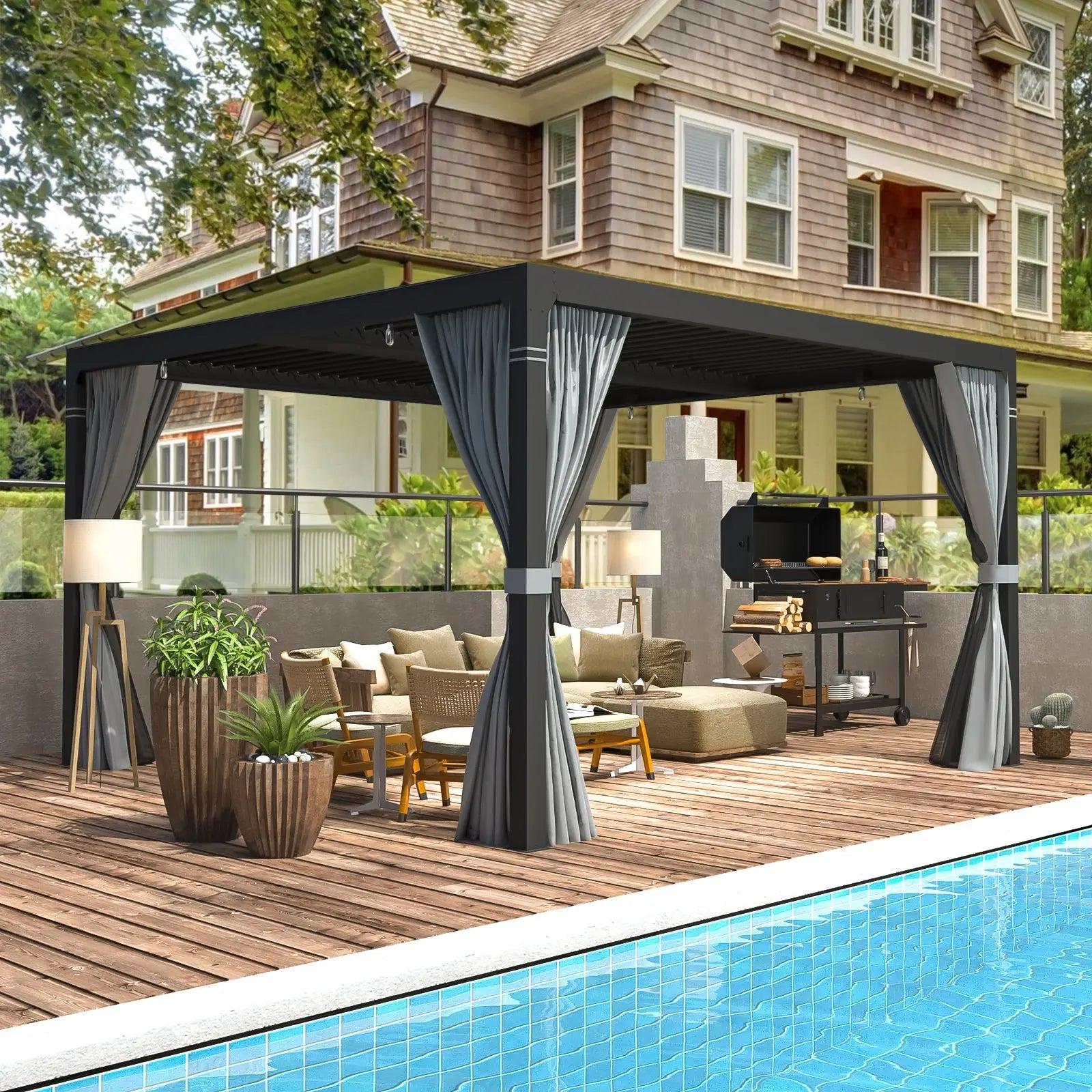 EROMMY Louvered Pergola in dark grey with drawn side curtains over a poolside deck seating area