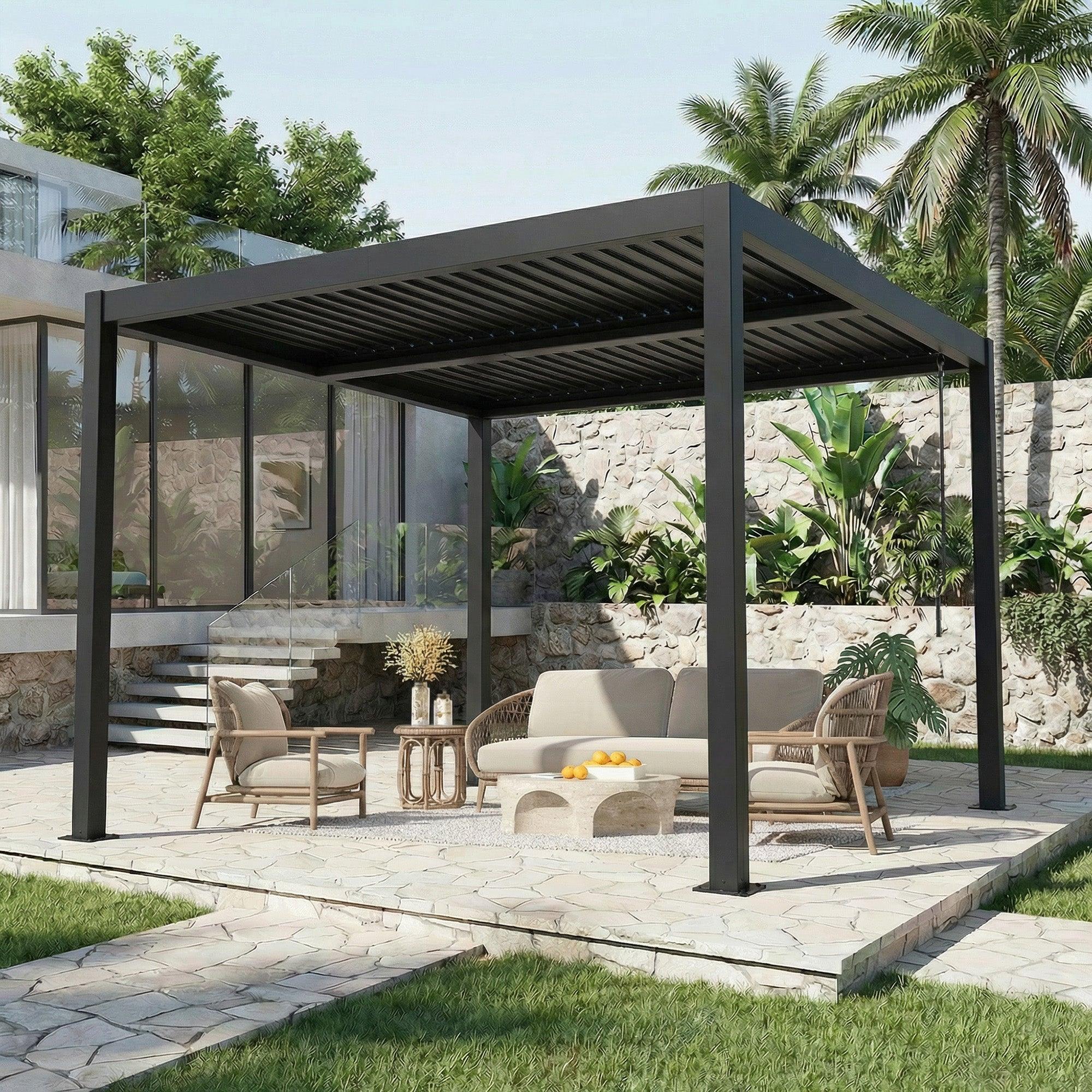 EROMMY louvered pergola with integrated drainage in dark grey over a garden patio lounge set