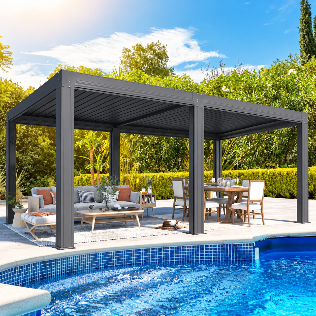 EROMMY Louvered Pergola with 6-panel pull-down privacy screen in dark grey beside a swimming pool