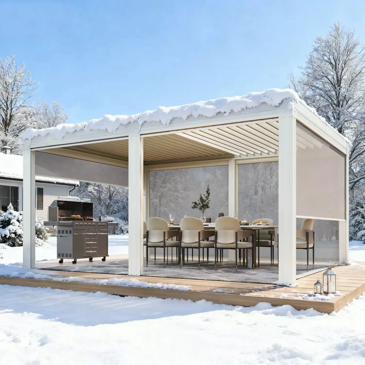 EROMMY Aluminum Louvered Pergola with 6-Panel Pull-Down Privacy Screen 12 x 16 ft in White