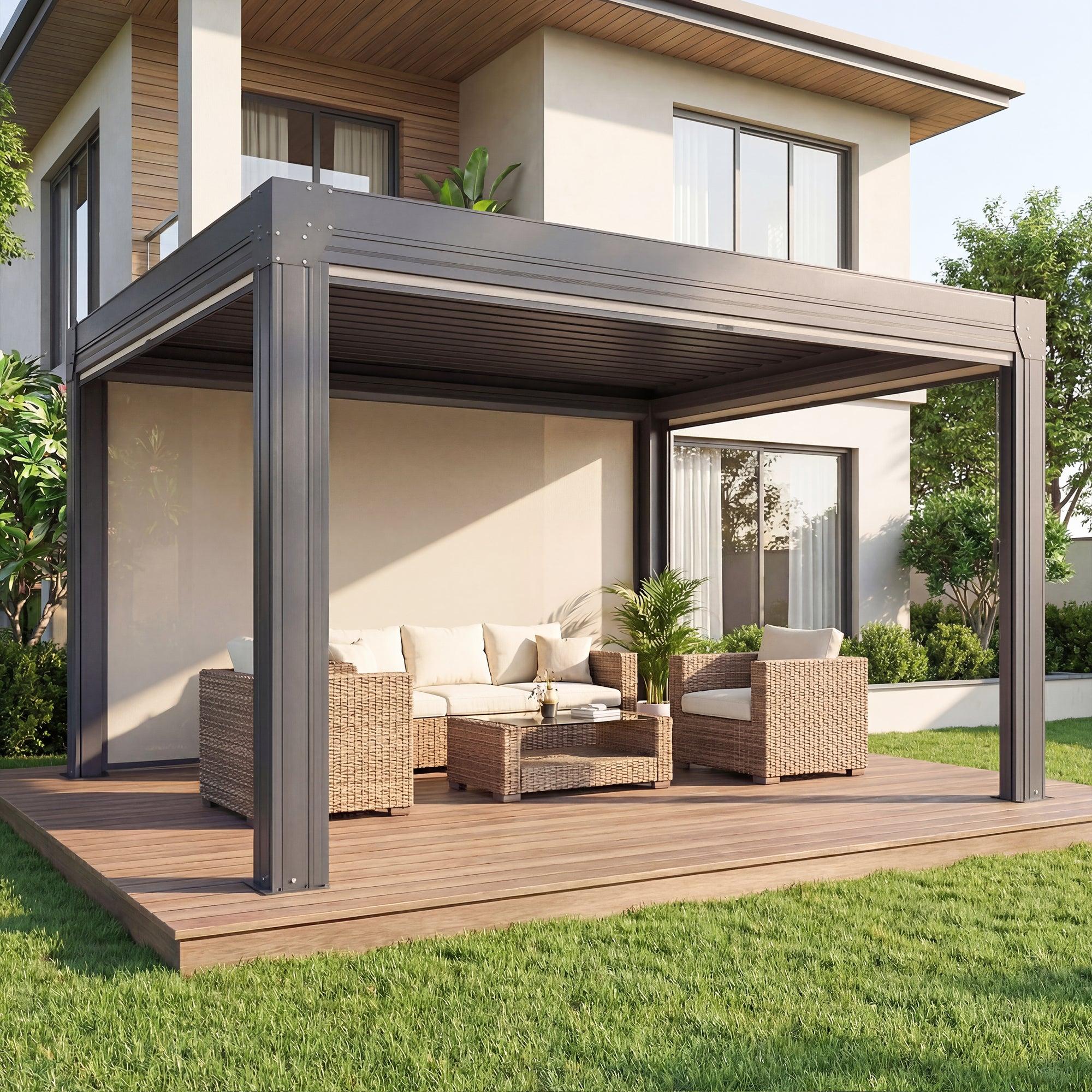 EROMMY louvered pergola with pull-down screens in black, attached-look setting beside a rendered house