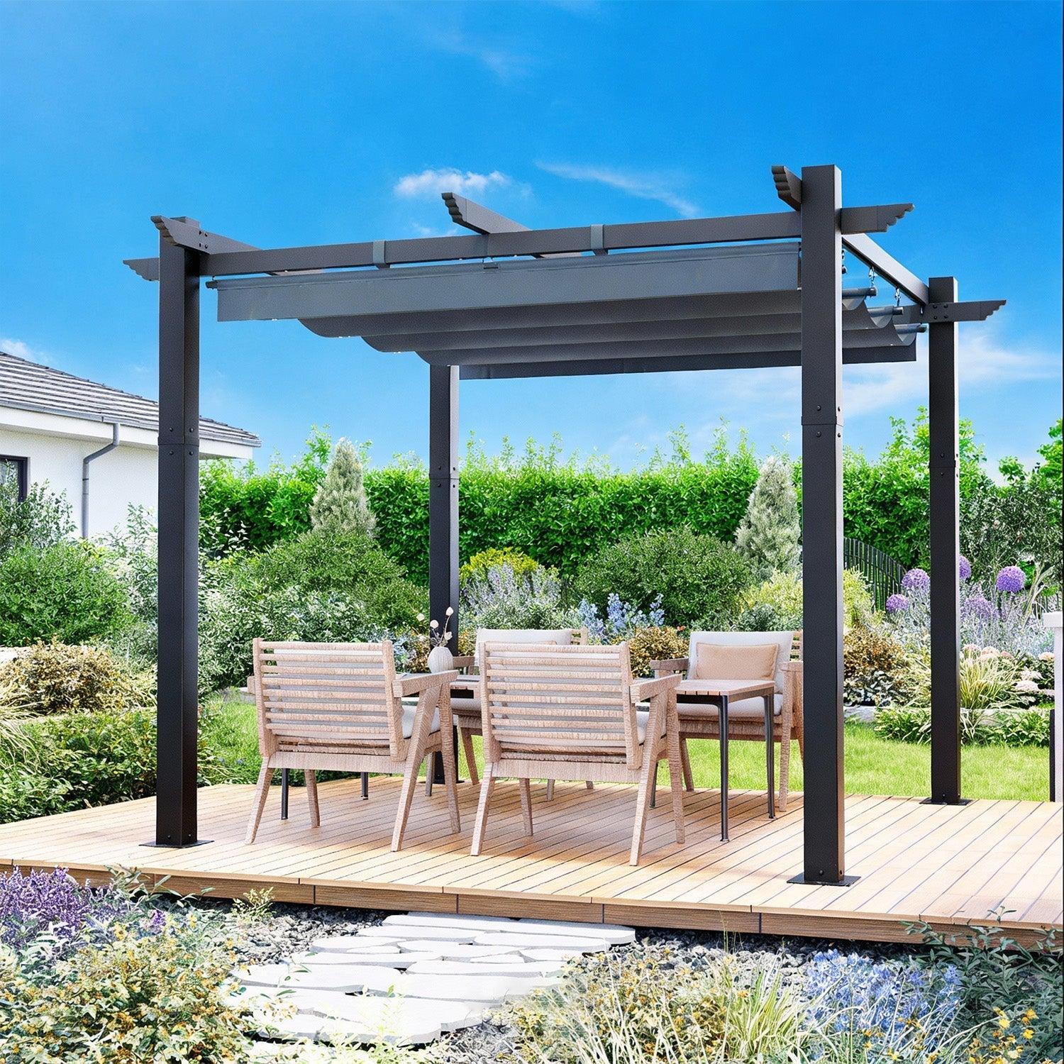 EROMMY magnetic canopy pergola in dark grey over a garden dining table with the canopy extended