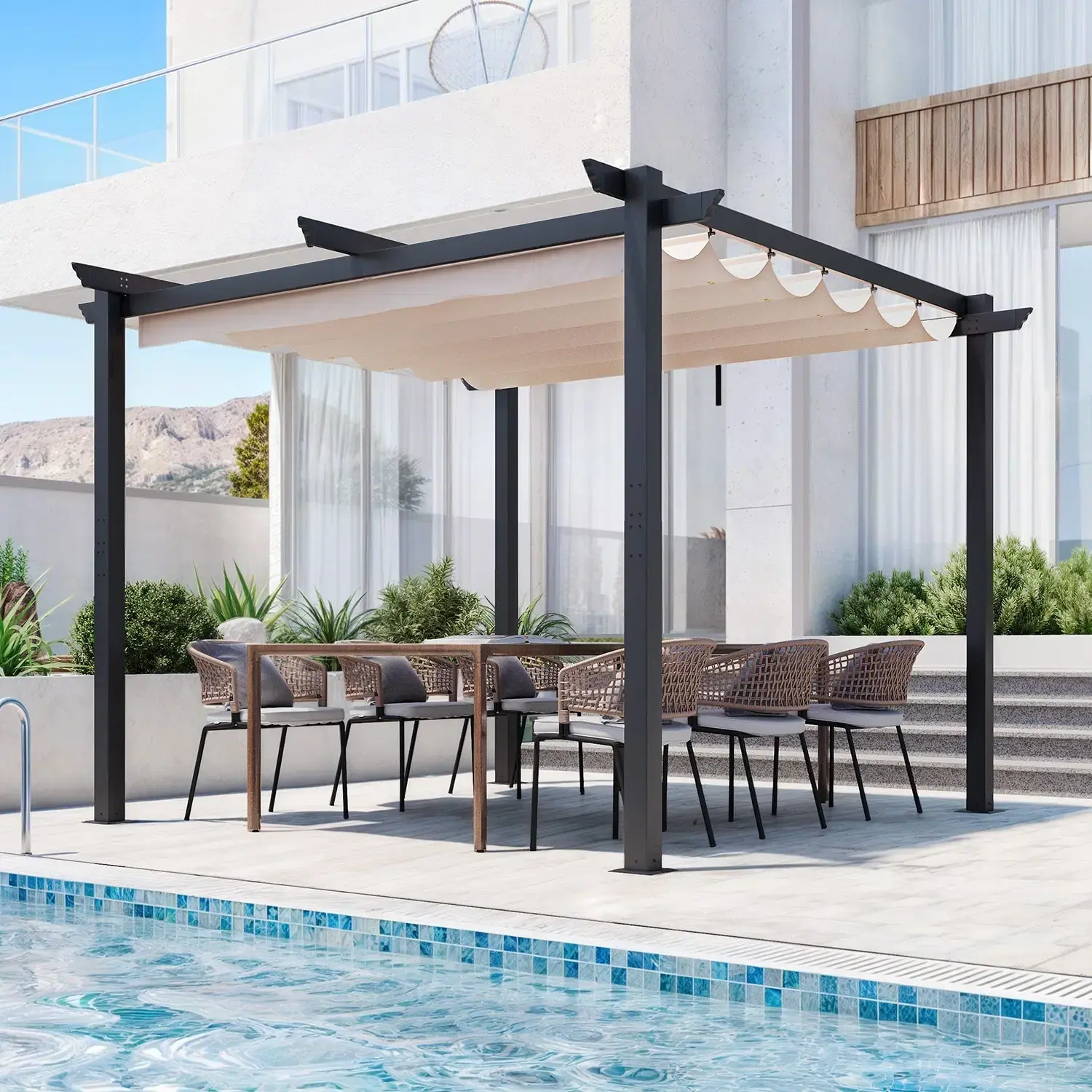 EROMMY Retractable Pergola with Waterproof Canopy and Magnetic Attachment 10 x 10 ft in Beige