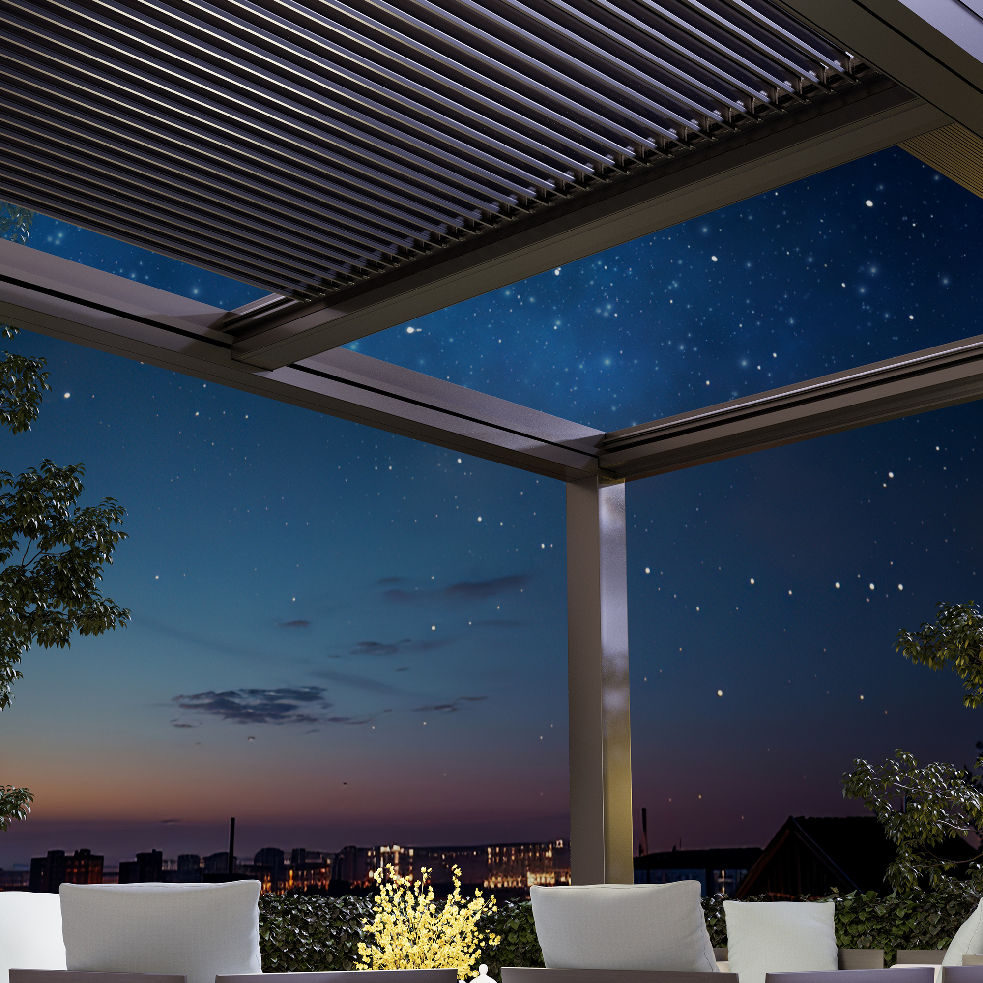 EROMMY smart electric pergola viewed from beneath, louvers part open against an evening sky