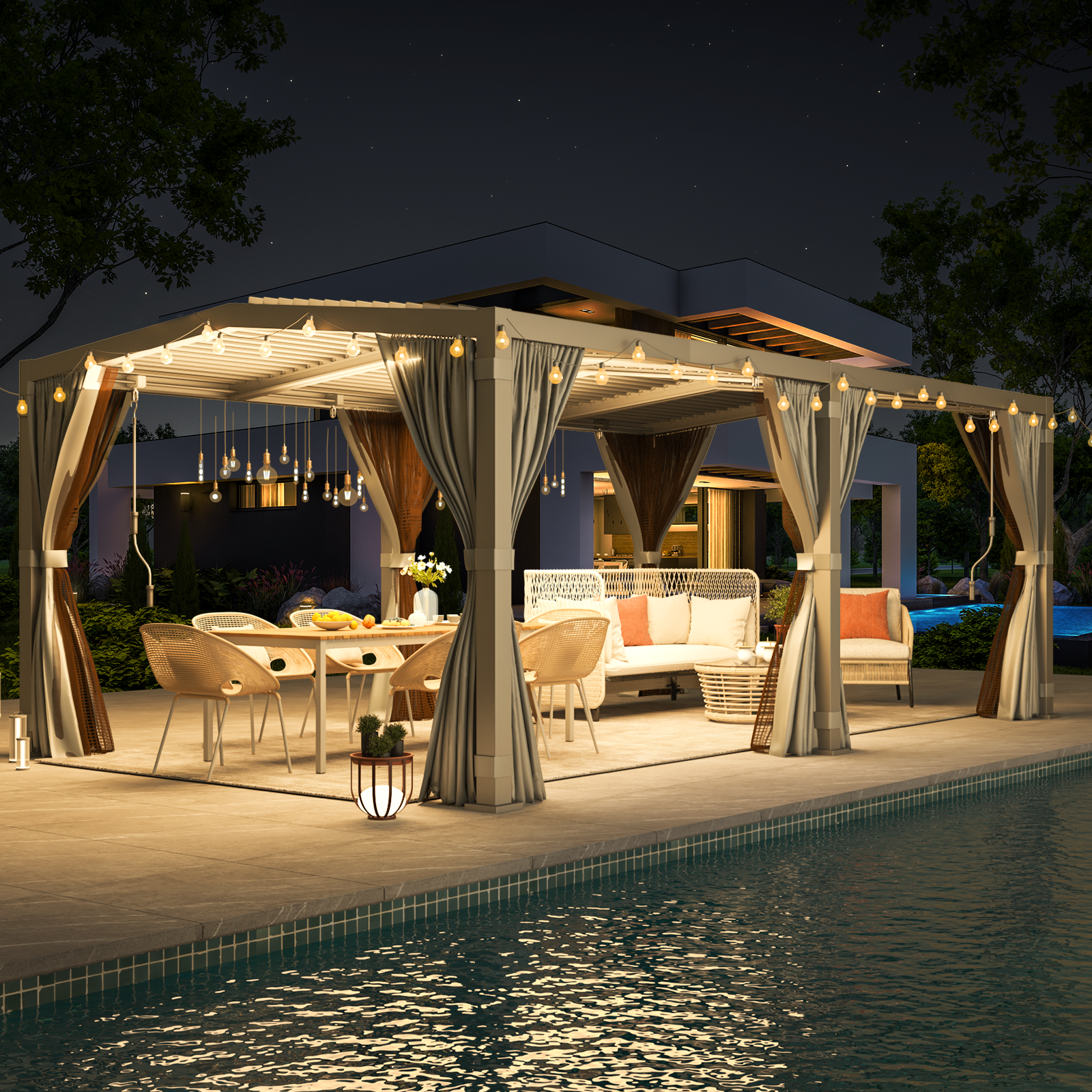 EROMMY 12x20 pergola with curtains in dark grey, lit at dusk over a patio dining and lounge area