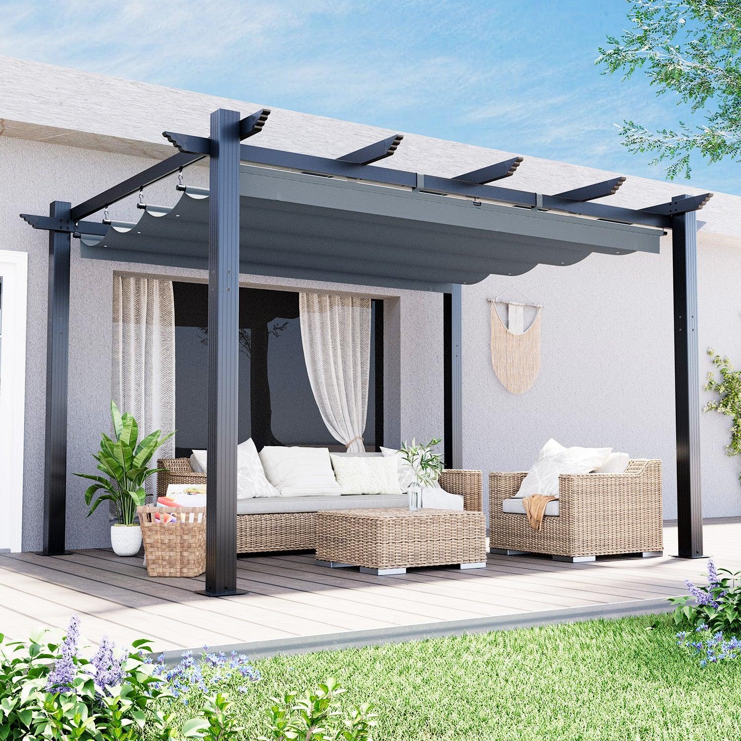 EROMMY retractable canopy pergola in dark grey with the fabric canopy drawn over a garden lounge set