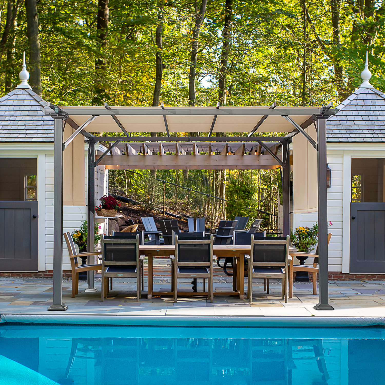 EROMMY sun shade canopy pergola in beige over a poolside dining set among trees