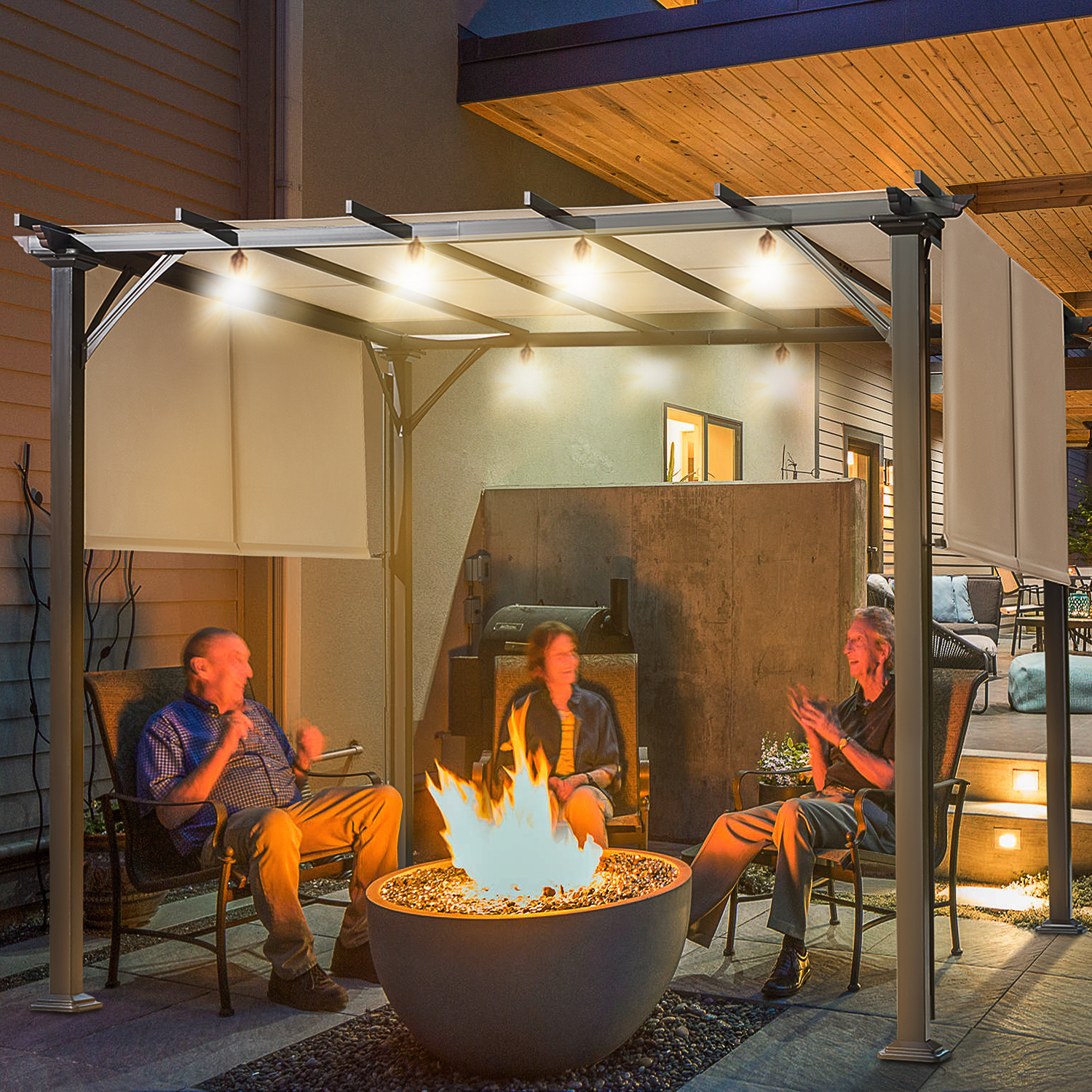 EROMMY sun shade canopy pergola lit at night over a fire pit with people seated around it