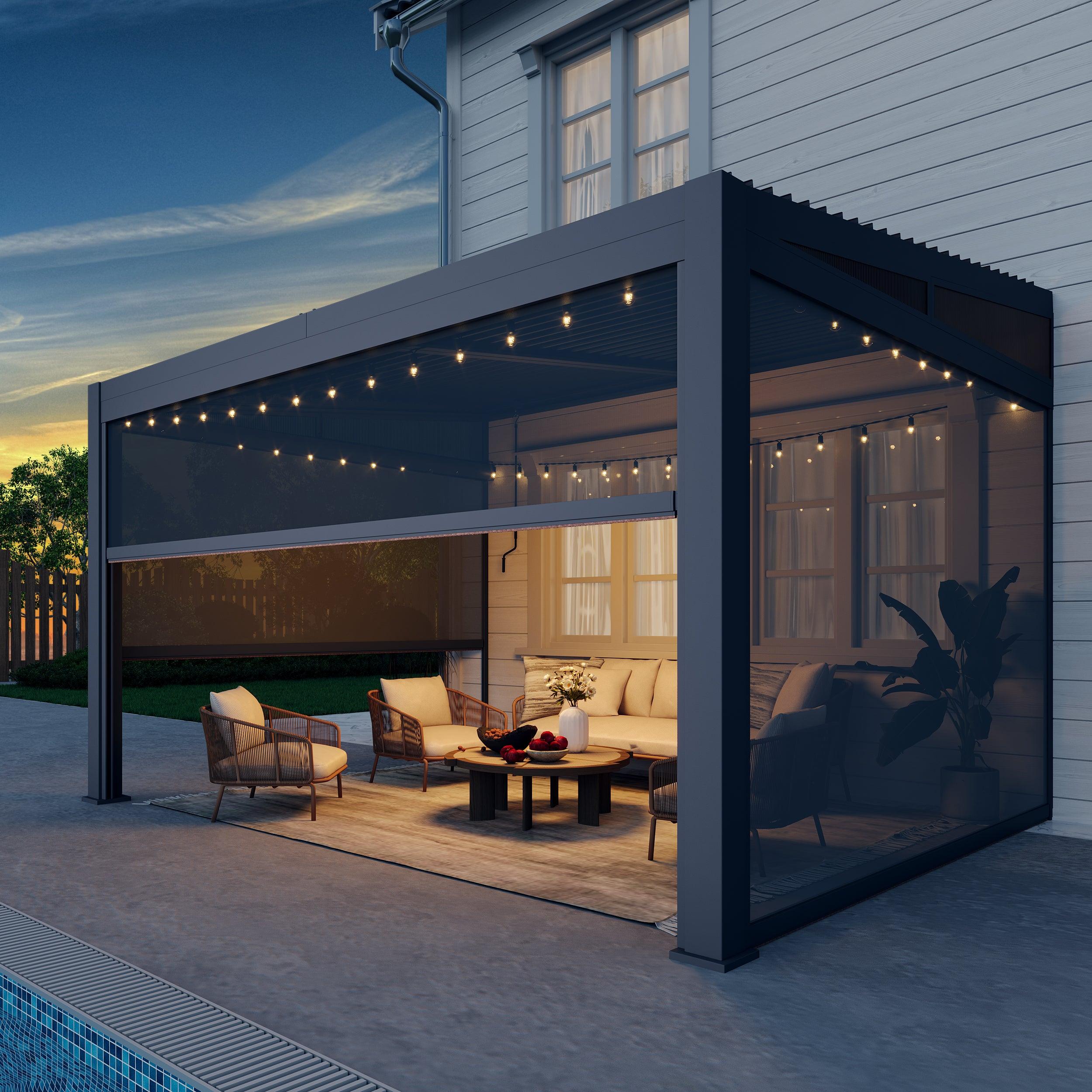 EROMMY wall-mounted louvered pergola in black fixed to a house wall, lit with string lights over a poolside lounge