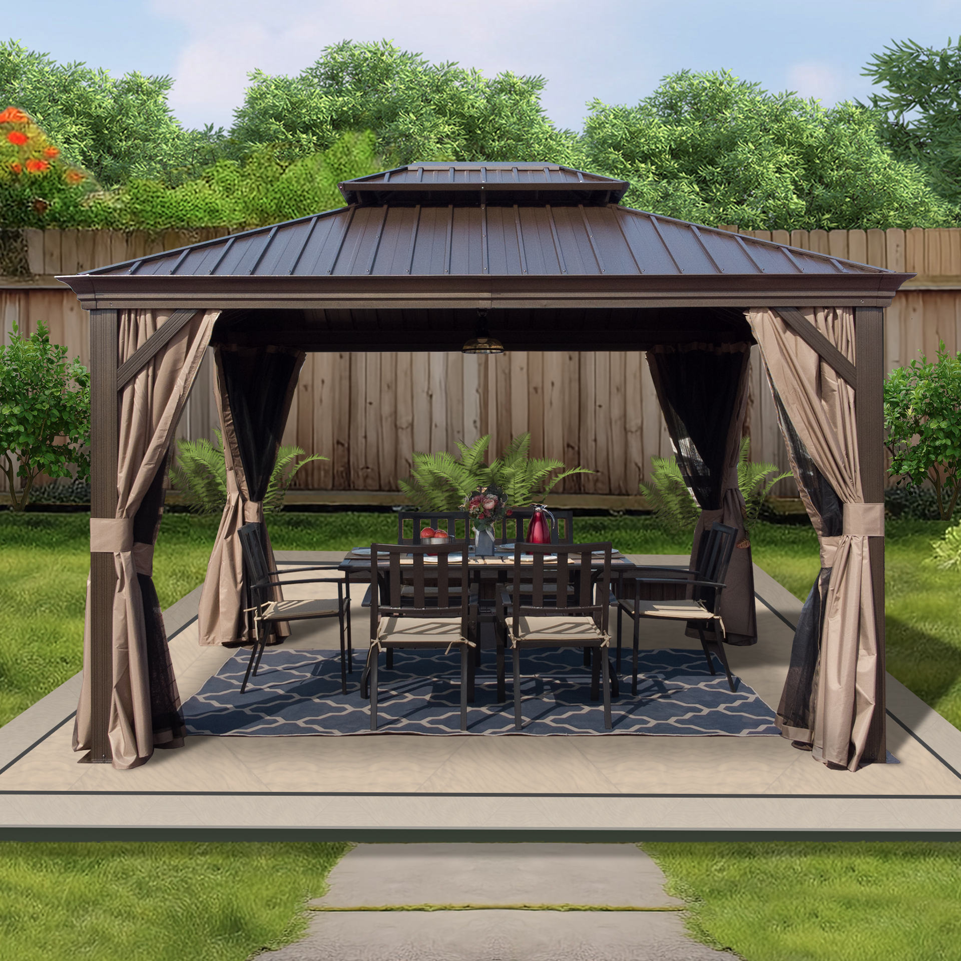 Kozyard Alexander hardtop gazebo with a dark steel roof and tan curtains over a dining set on a patterned rug