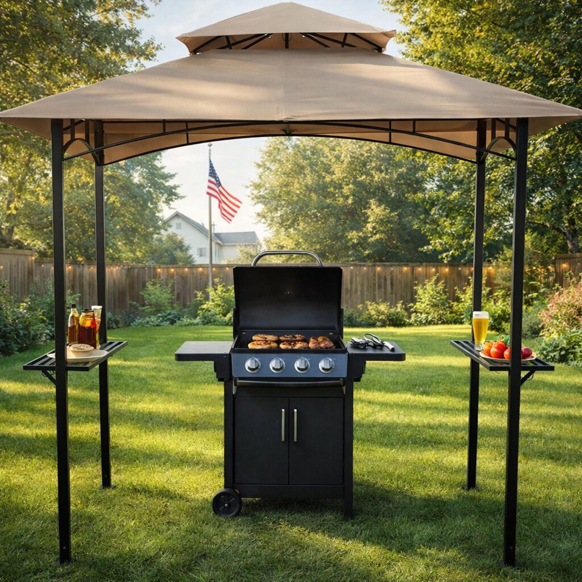 Kozyard Andra 8x5 soft-top BBQ grill gazebo with a beige canopy over a gas grill on a lawn