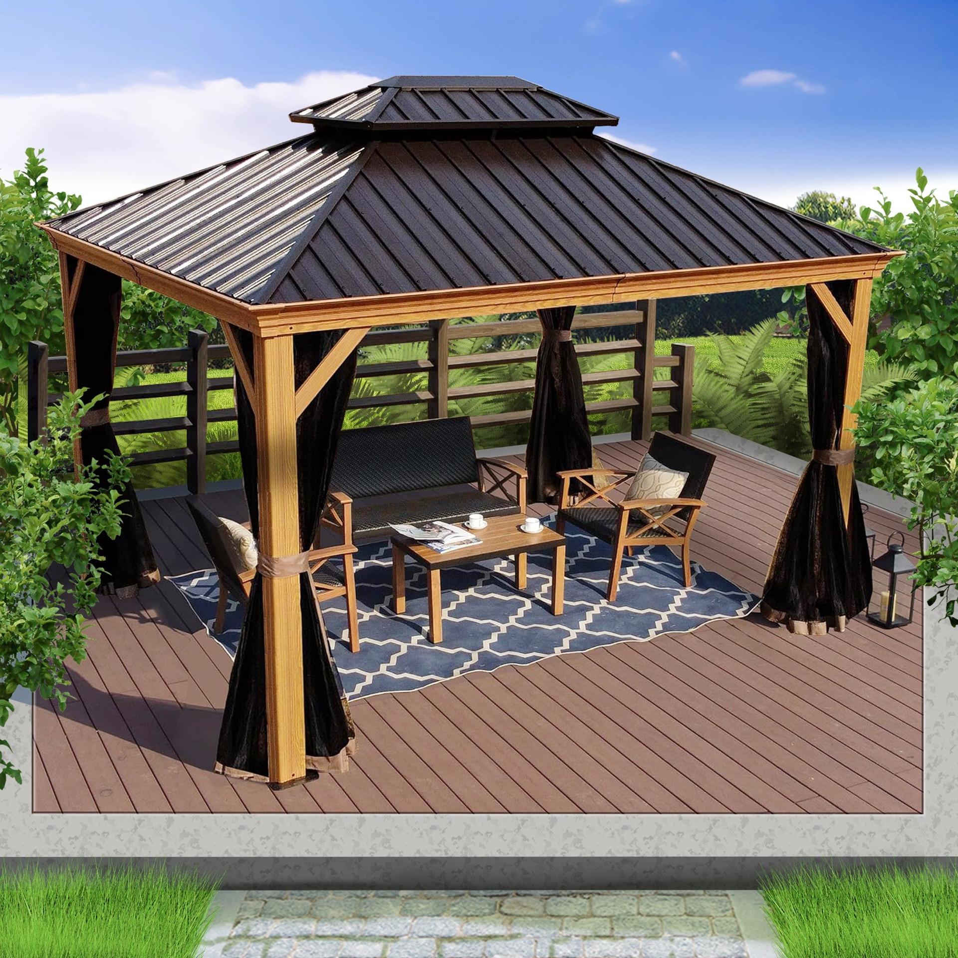 Kozyard Apollo hardtop gazebo with a wood-look frame and dark roof over a seating set on a composite deck