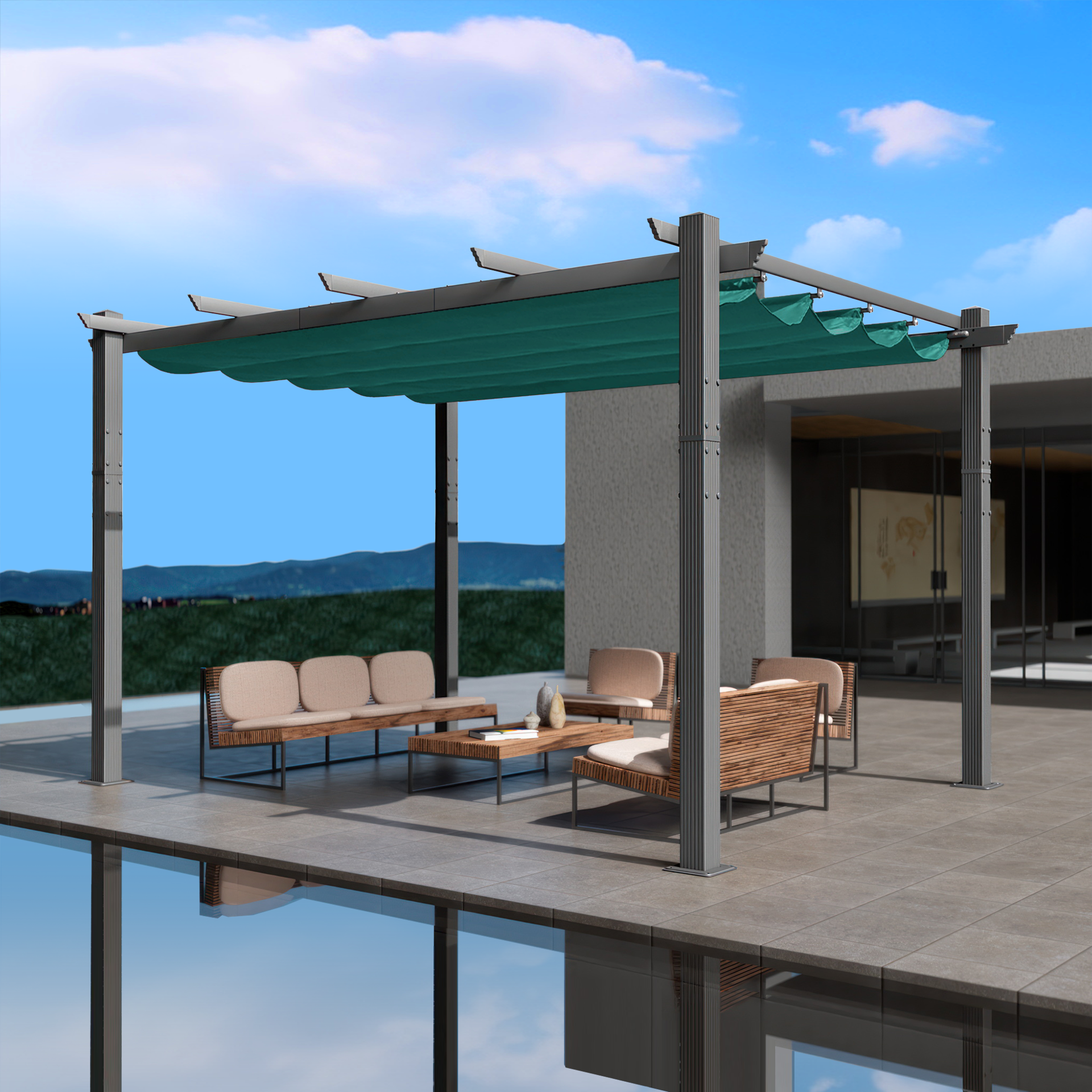 Kozyard Atlantics aluminum pergola with a teal retractable canopy over a seating set beside a pool