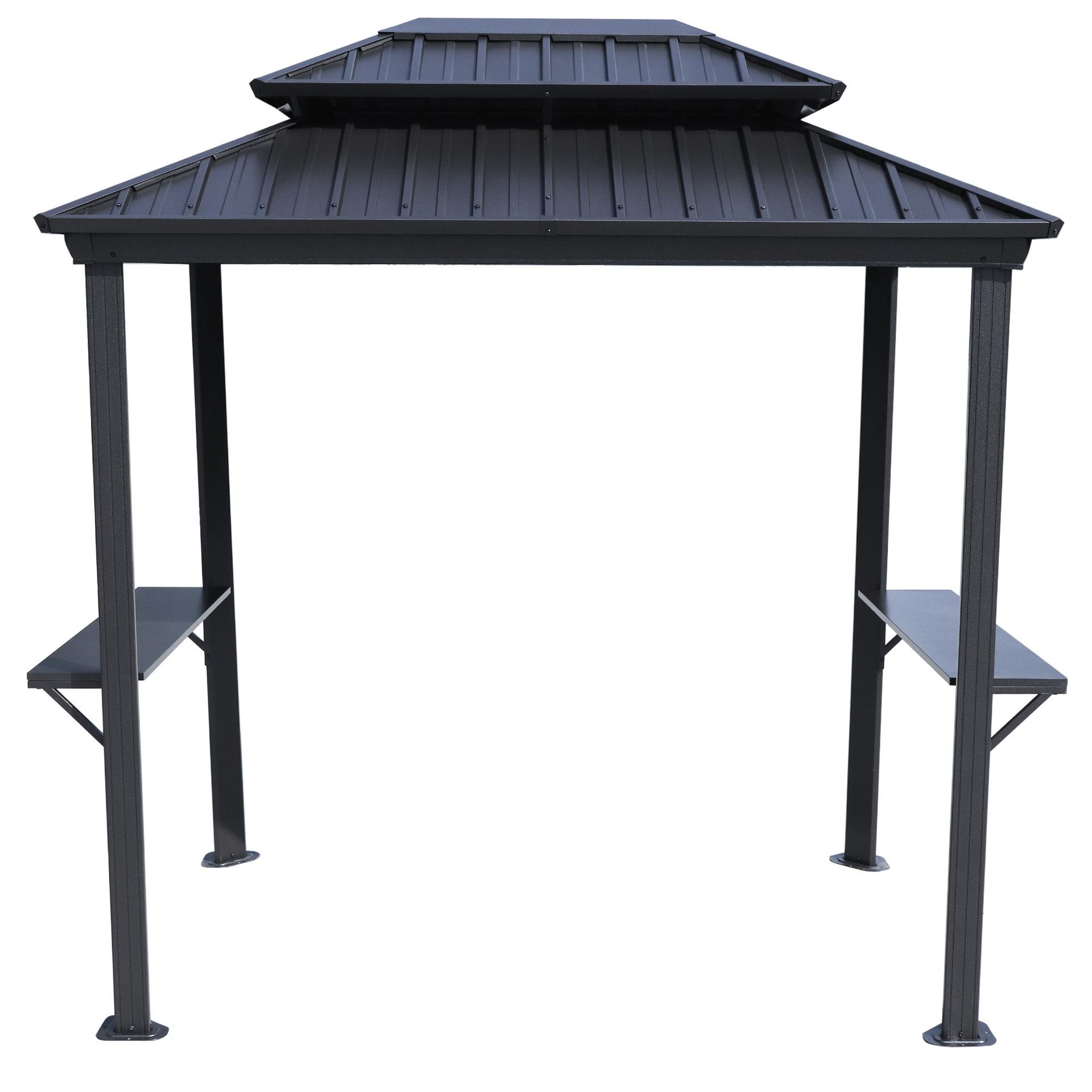 Kozyard 6x8 BBQ hardtop grill gazebo with a two-tier dark roof and two side shelves on a white background