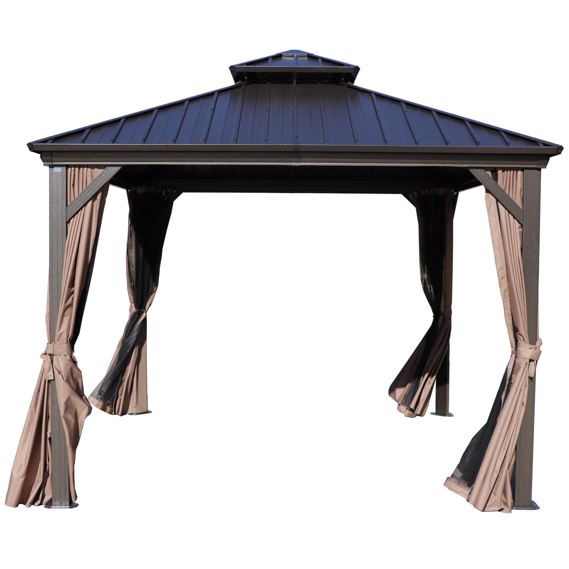 Kozyard Caesar hardtop gazebo with a two-tier dark roof and gray curtains on a white background