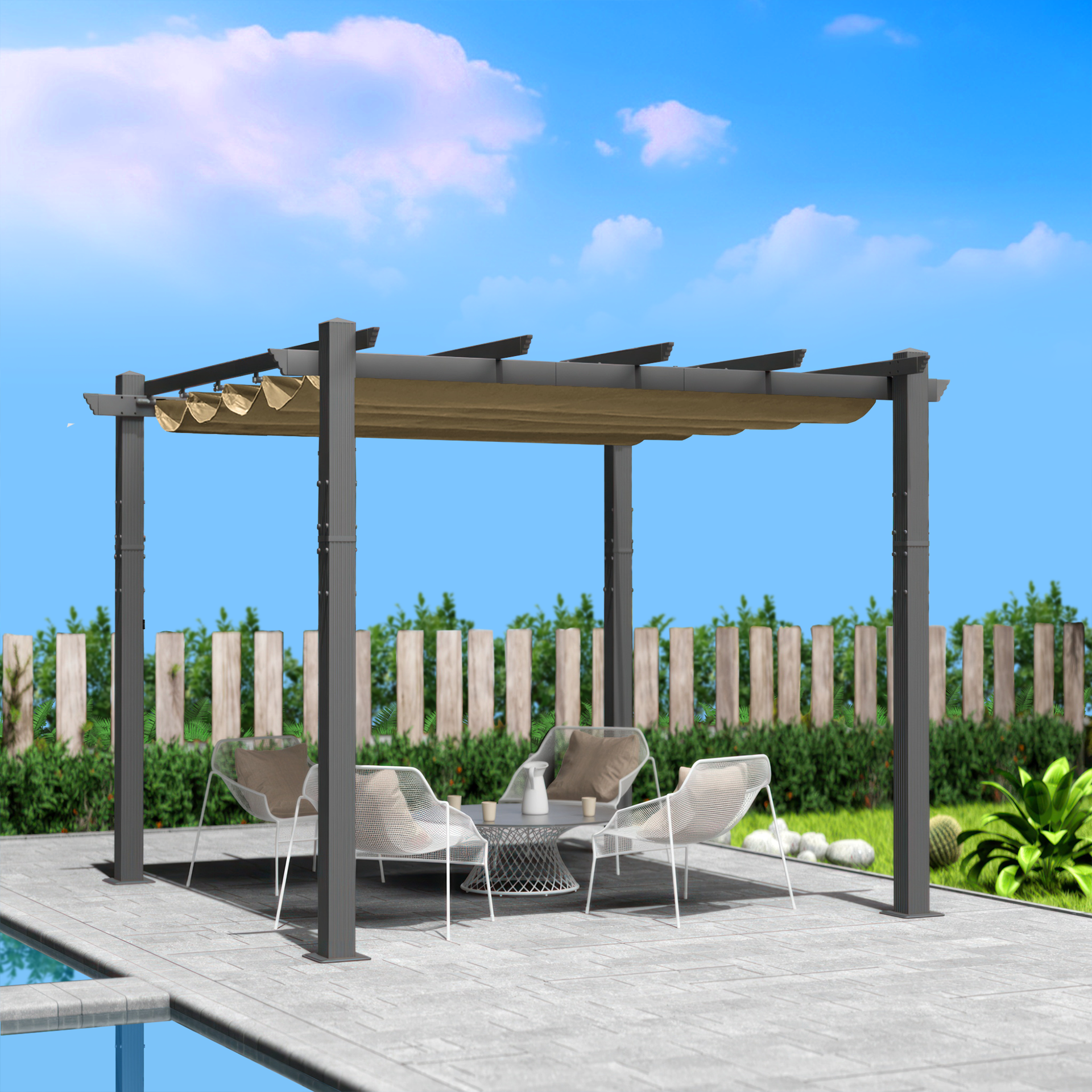 Kozyard Morgan gray aluminum pergola with a tan retractable canopy over lounge chairs beside a pool