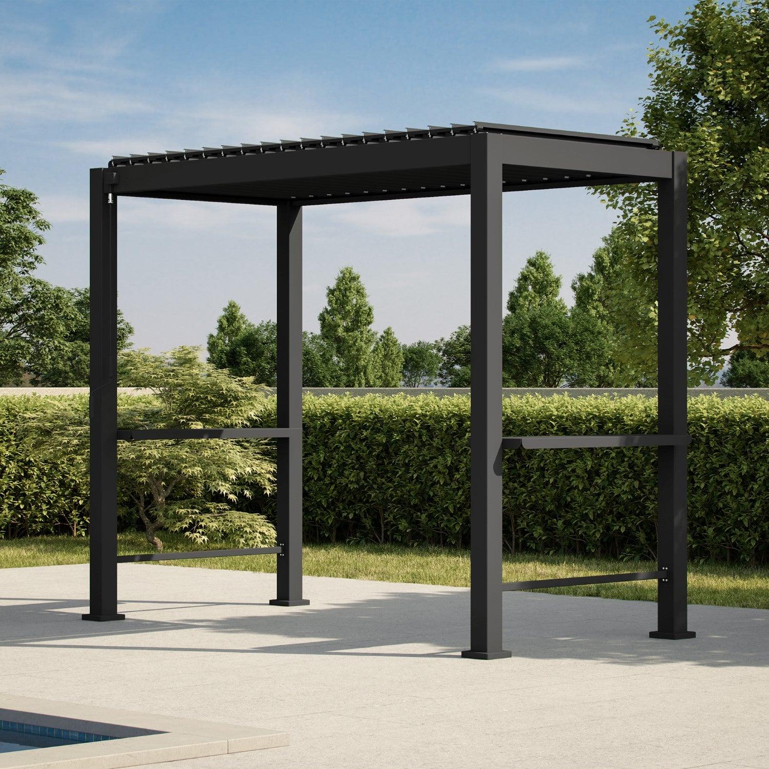 Mirador 111 Grill S1 pergola in charcoal on a poolside patio with the louvers closed and bar shelves on both sides