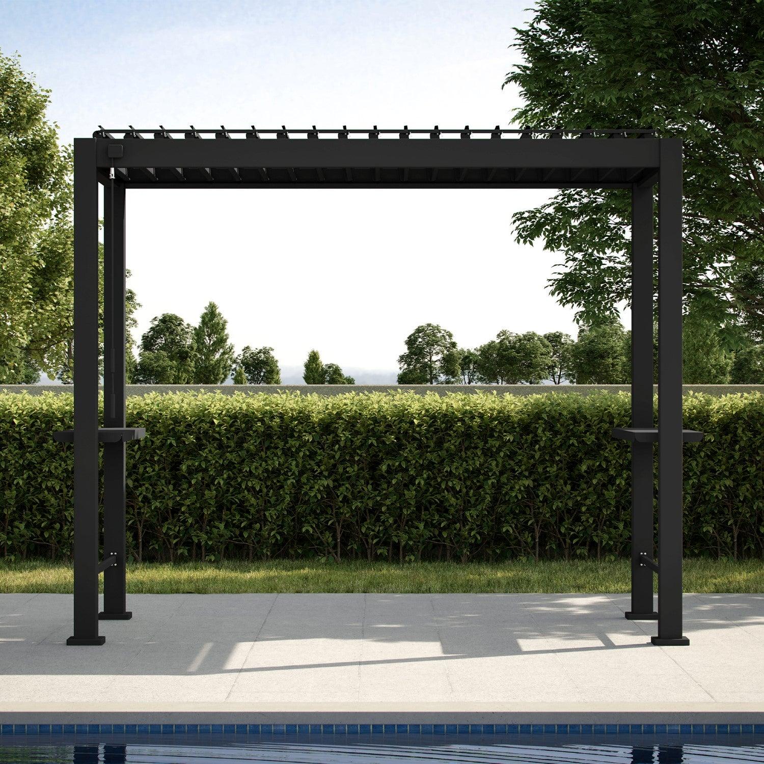 Mirador 111 Grill S1 pergola in charcoal seen head-on with the louvers open above a hedge and pool