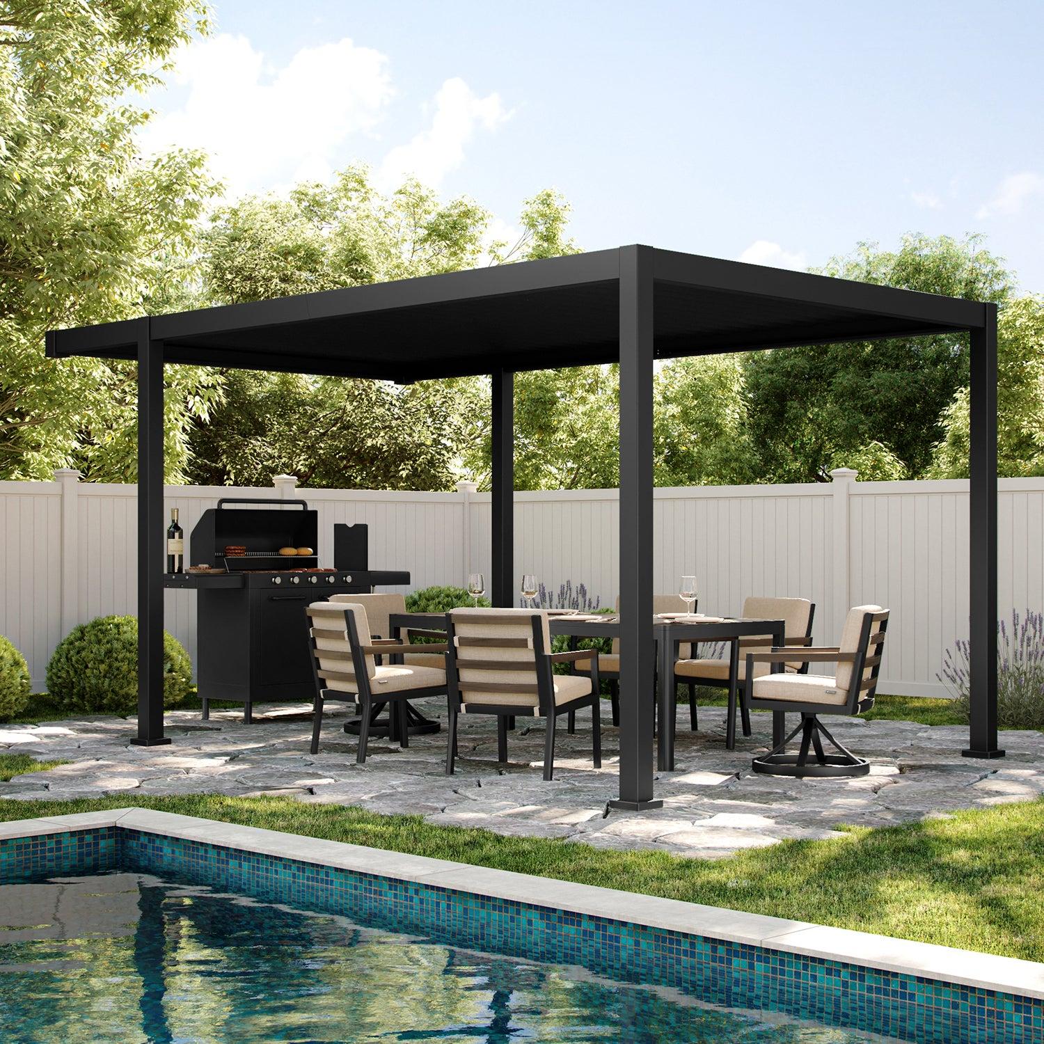 Mirador 111A Offset Gazebo in charcoal with a solid hardtop roof over a poolside dining table and grill
