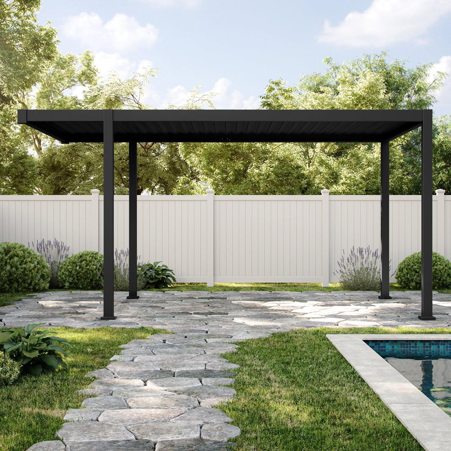 Mirador 111A Offset Gazebo in charcoal standing empty on a stone path lawn, showing the offset post layout