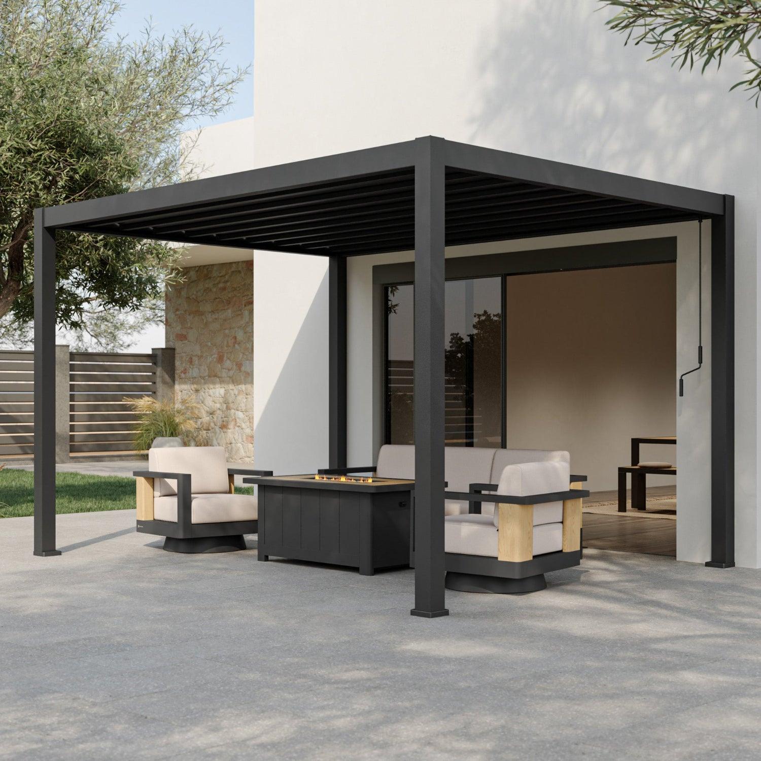Mirador 111A Origami pergola in charcoal with the folding roof closed over a patio lounge setting