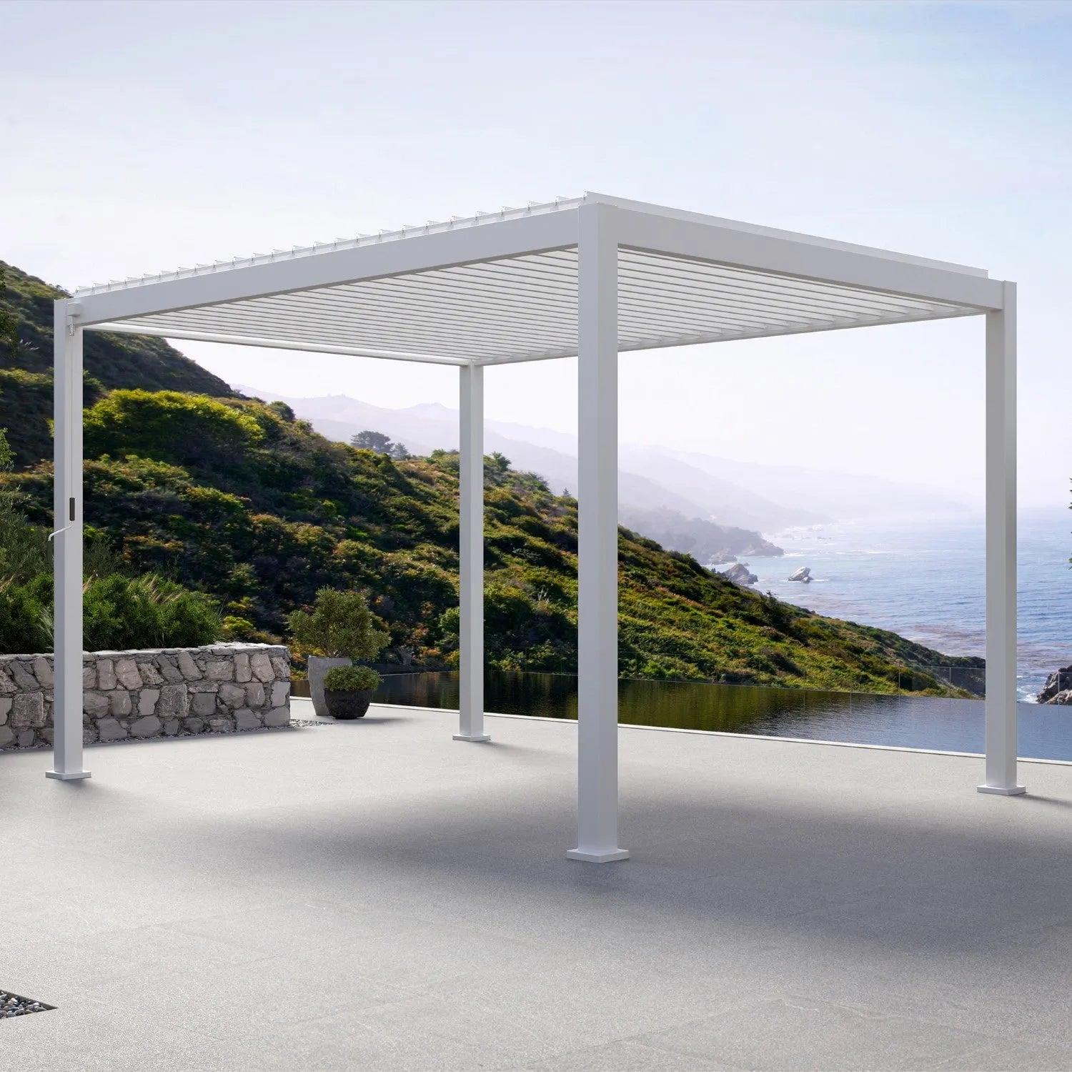 Mirador 111DA louvered pergola in white on a clifftop terrace overlooking the sea