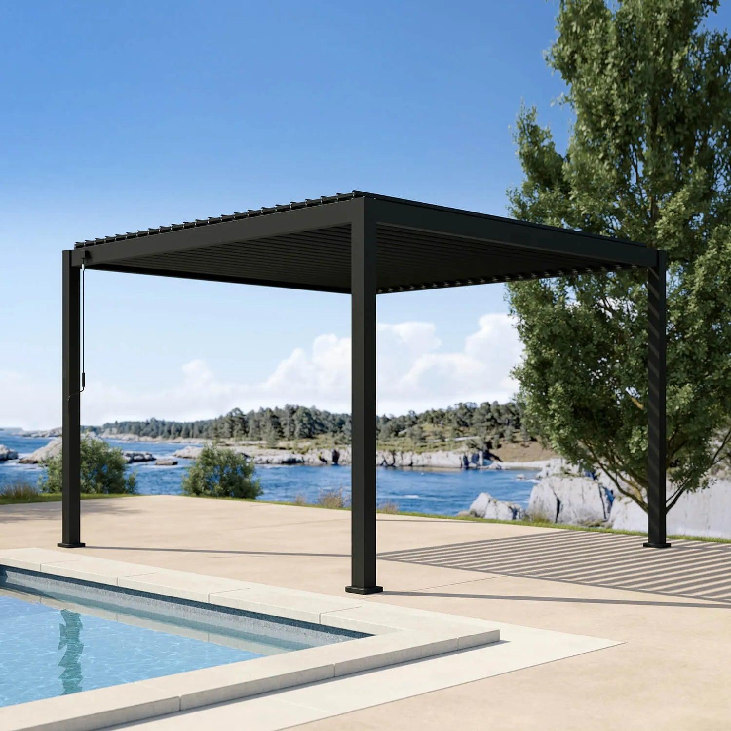 Mirador 111DA Infinite 12x12 louvered pergola in charcoal on a waterside terrace beside a pool