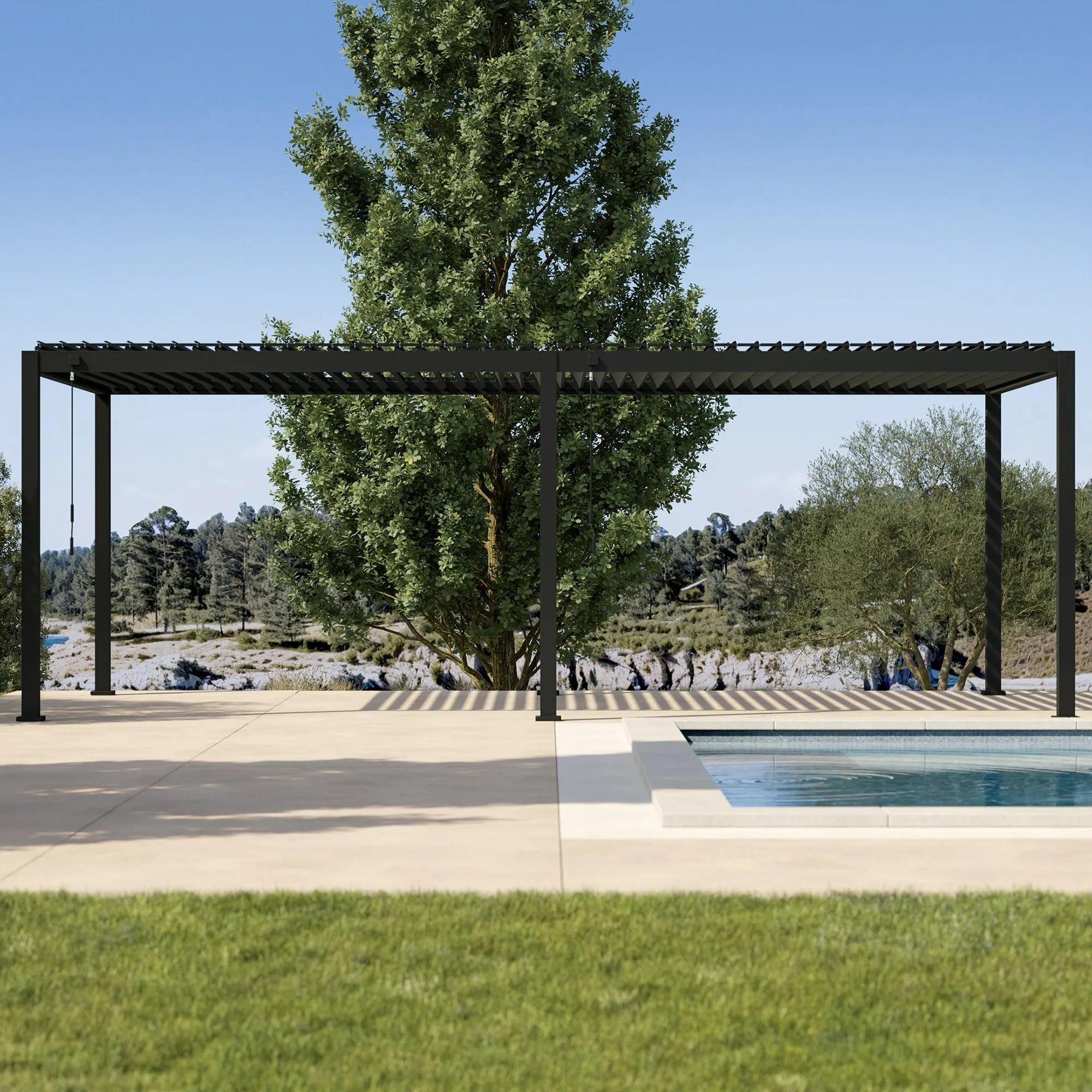 Mirador 111DA Infinite 12x24 louvered pergola in charcoal spanning a lawn and pool terrace, louvers open