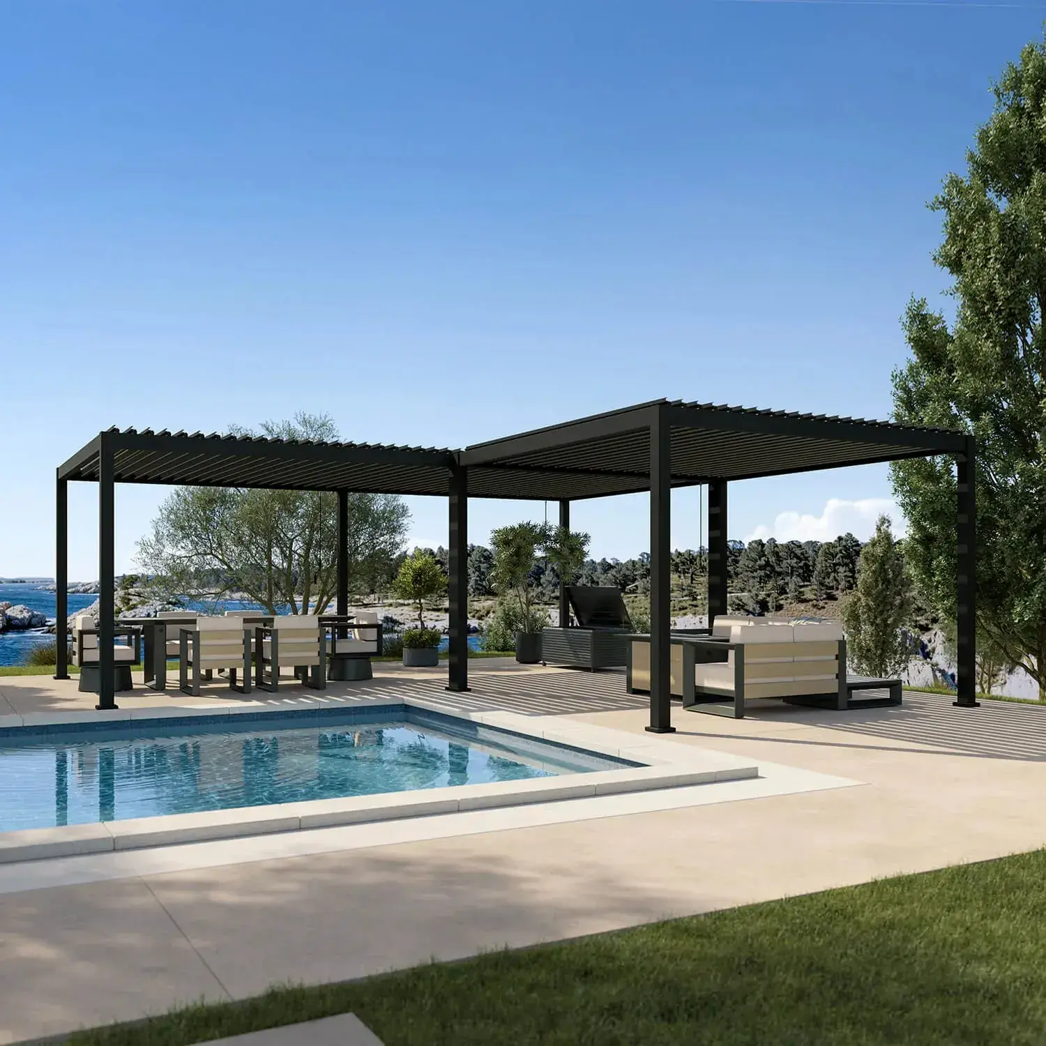 Charcoal louvered pergola on a poolside terrace over a dining table and chairs on one side and a sofa and chair lounge set on the other