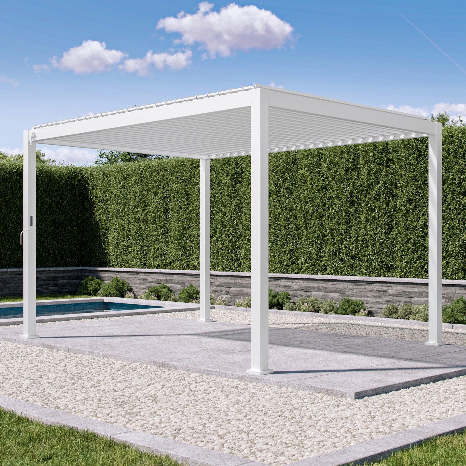 Mirador 111S louvered pergola in white beside a pool, set against a clipped hedge