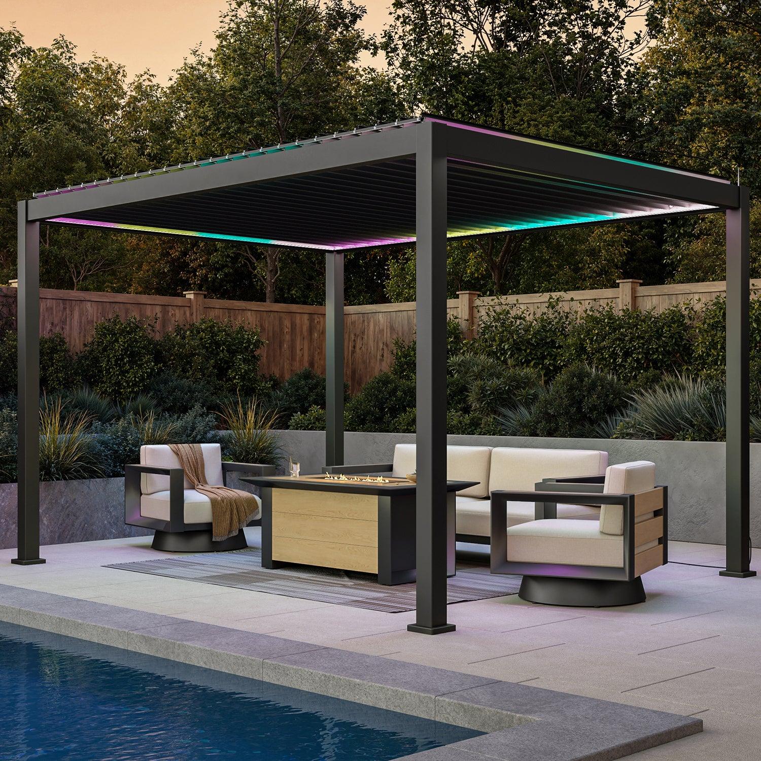 Mirador 111S e-Motion motorised pergola in charcoal beside a pool at dusk with the RGB LED perimeter lighting on