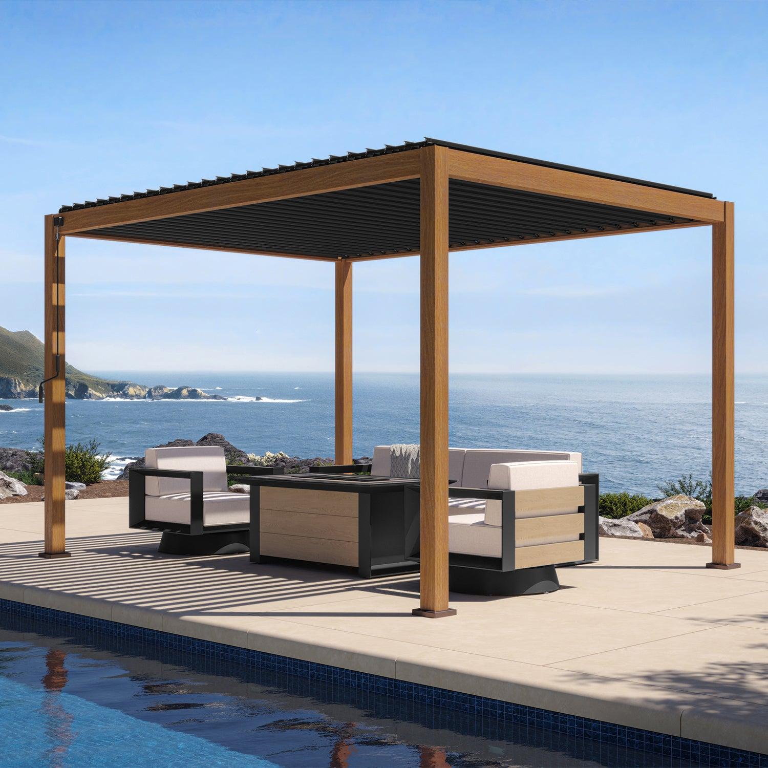 Mirador 111S Takasho pergola with Cherry Oak wood-grain posts and dark louvers over poolside lounge furniture