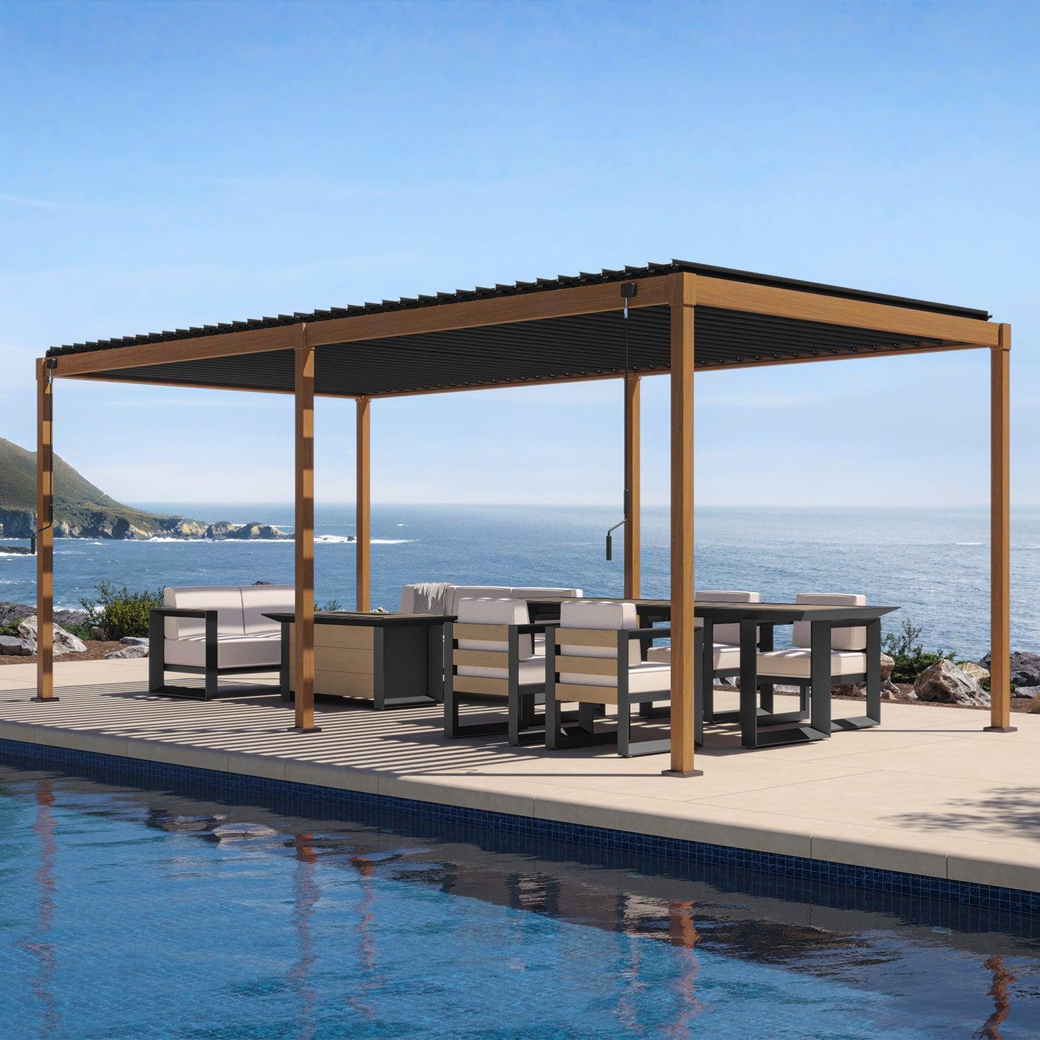 Mirador 111S Takasho 10x20 pergola in Cherry Oak wood-grain finish over an oceanfront dining and lounge setting