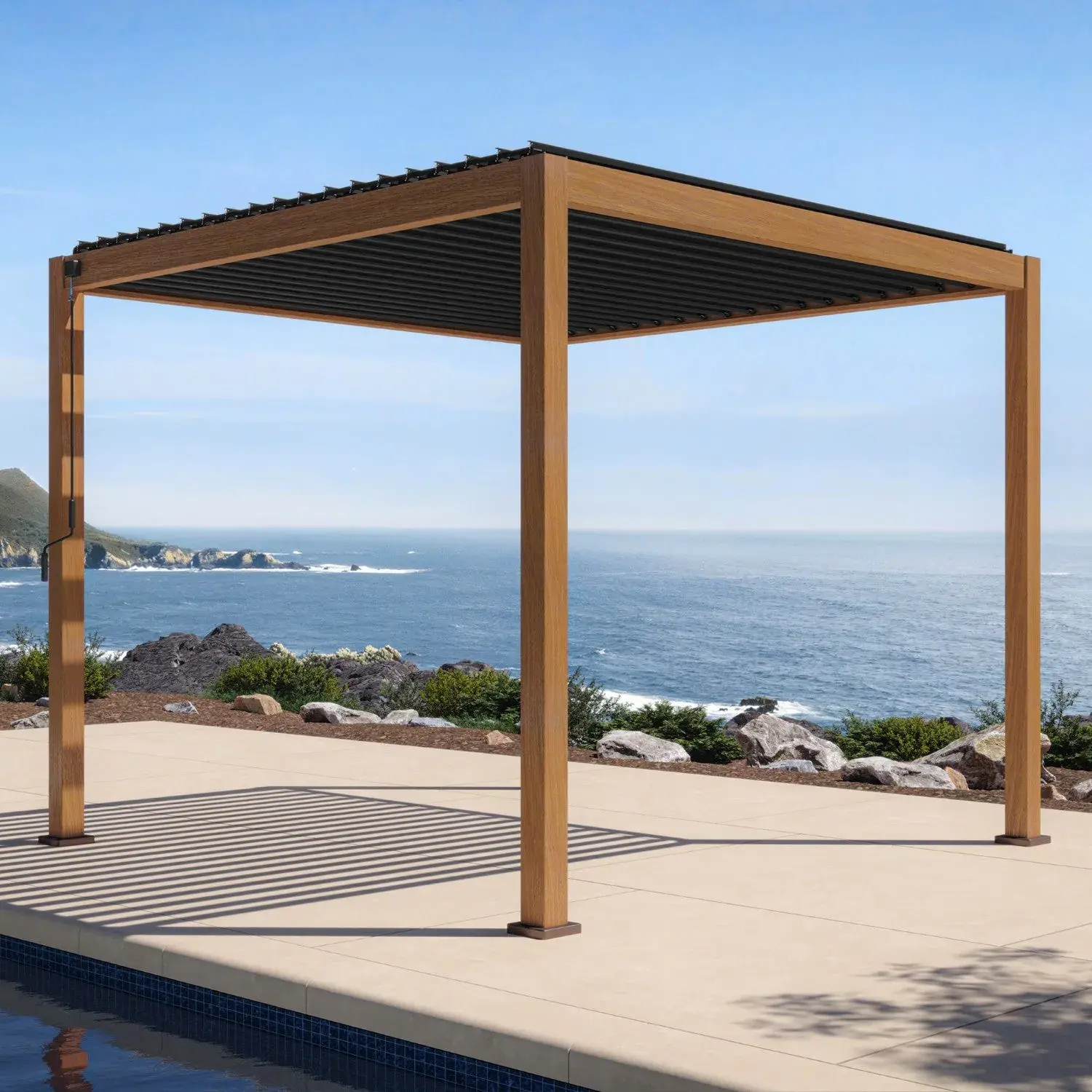 Mirador Outdoor 111S Takasho Wood-Grain Louvered Pergola 10 x 10 ft in Cherry Oak