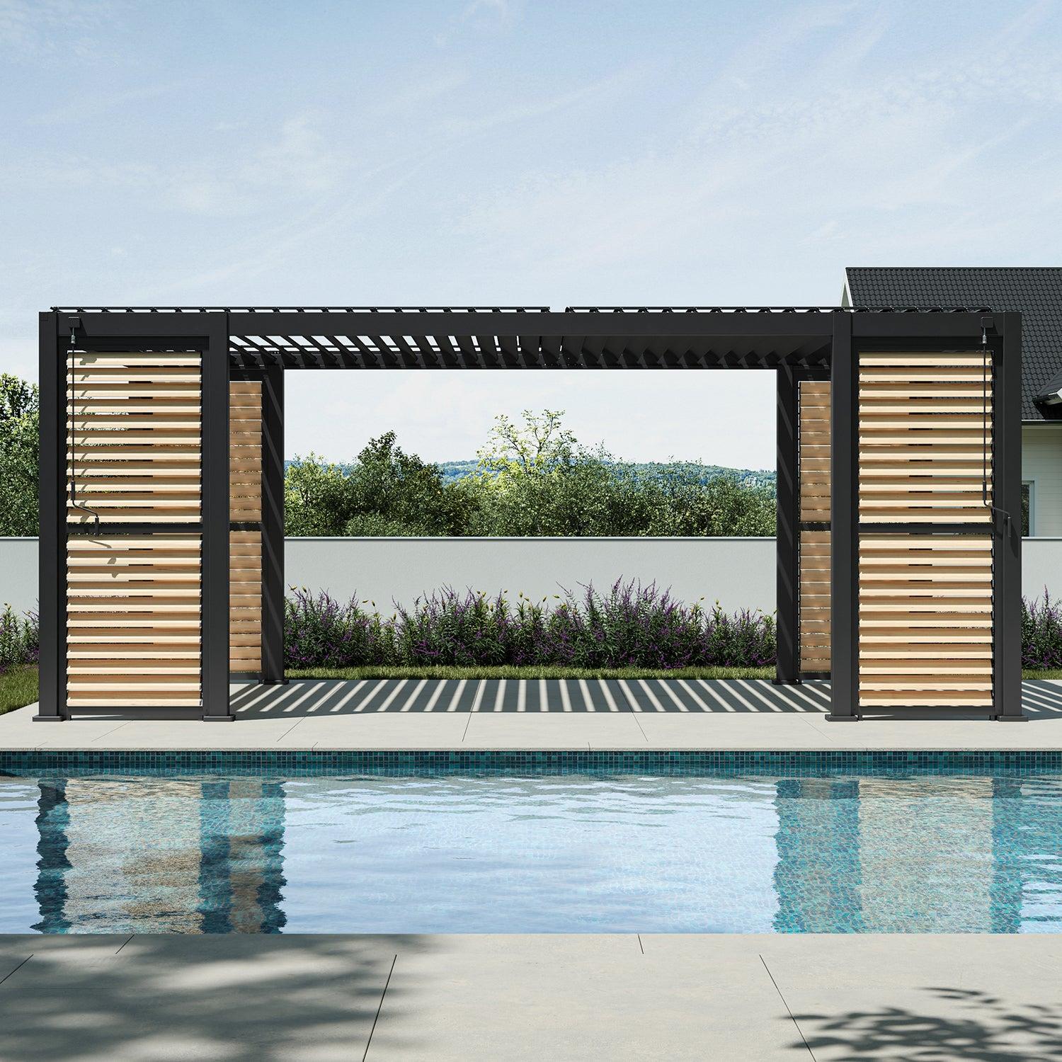 Mirador 111S ViewScape pergola with a charcoal frame and wood-grain shutter walls beside a pool overlooking open water