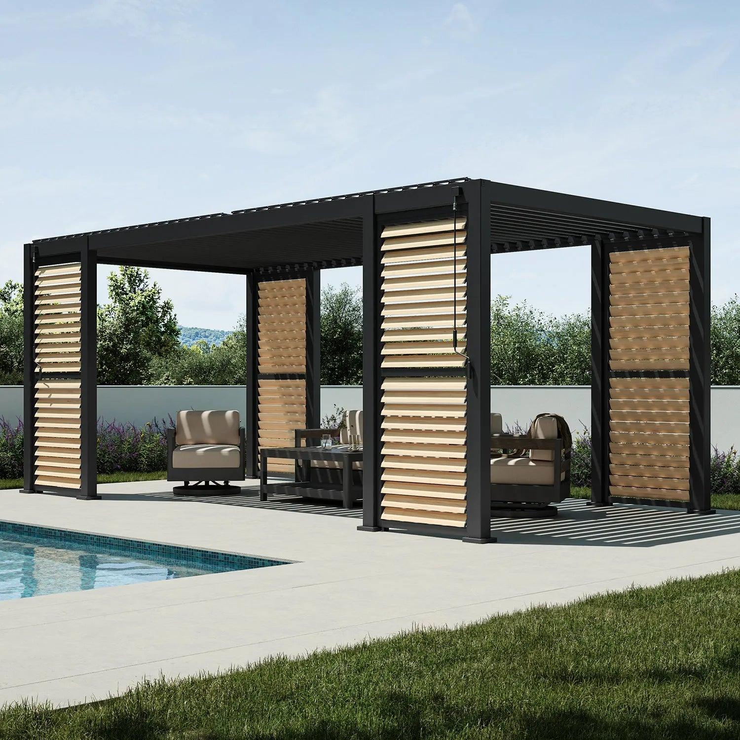 Mirador 111S ViewScape pergola sheltering a lounge seating area, shutter walls closed on two sides