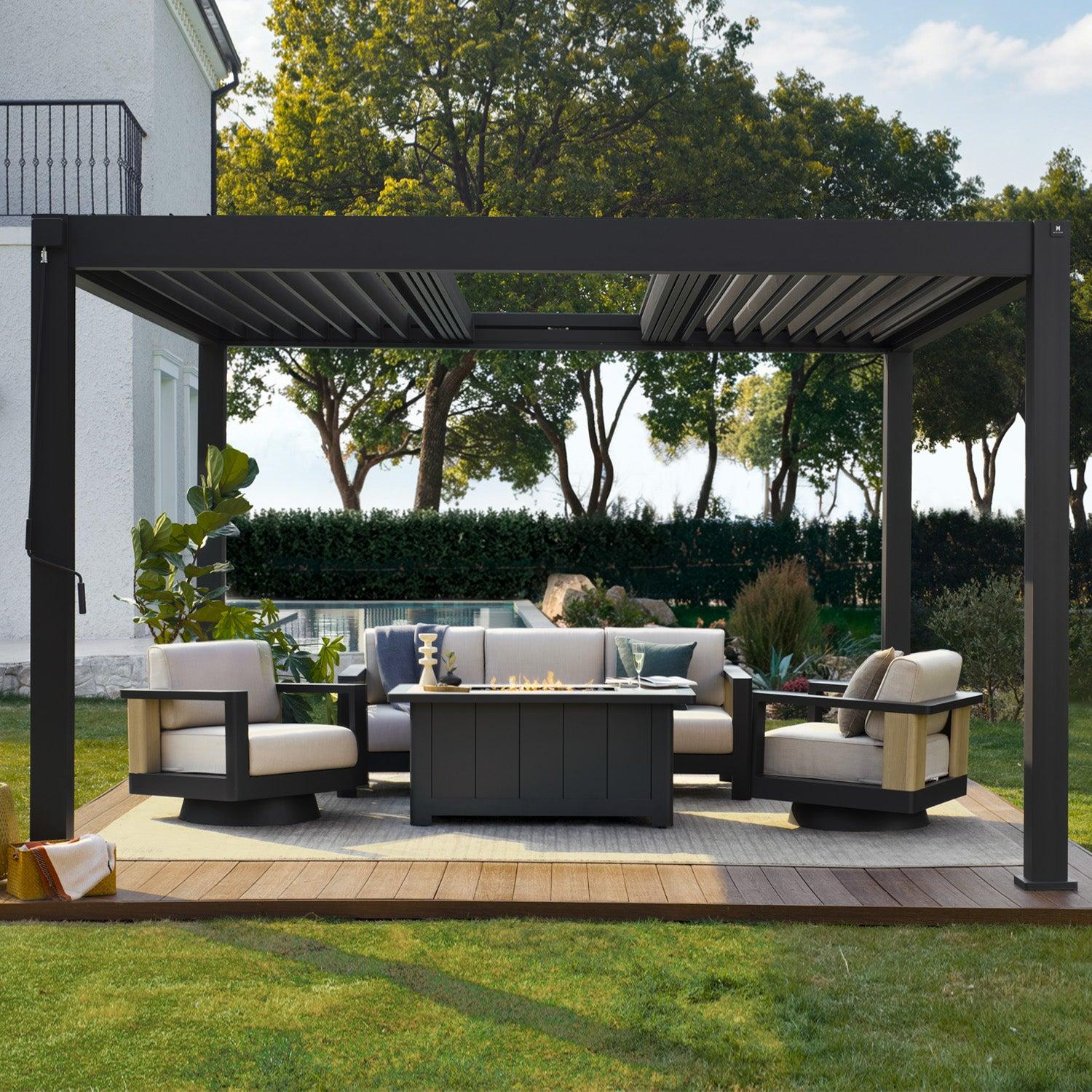 Mirador 140DA Sky pergola in charcoal over a fire-pit lounge setting on a timber deck