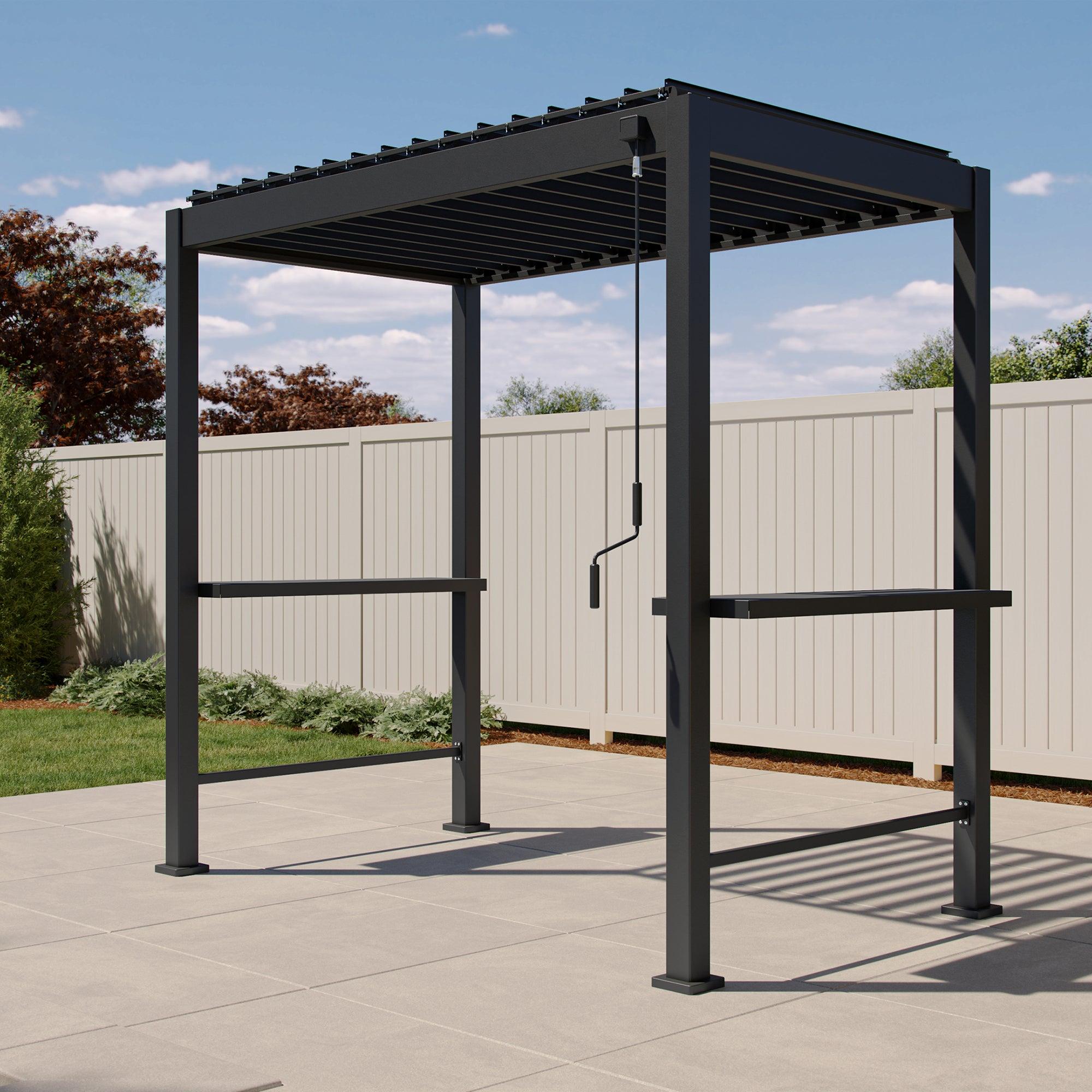 Mirador 88 Grill S1 pergola in charcoal on a patio against a cream fence, louvers closed