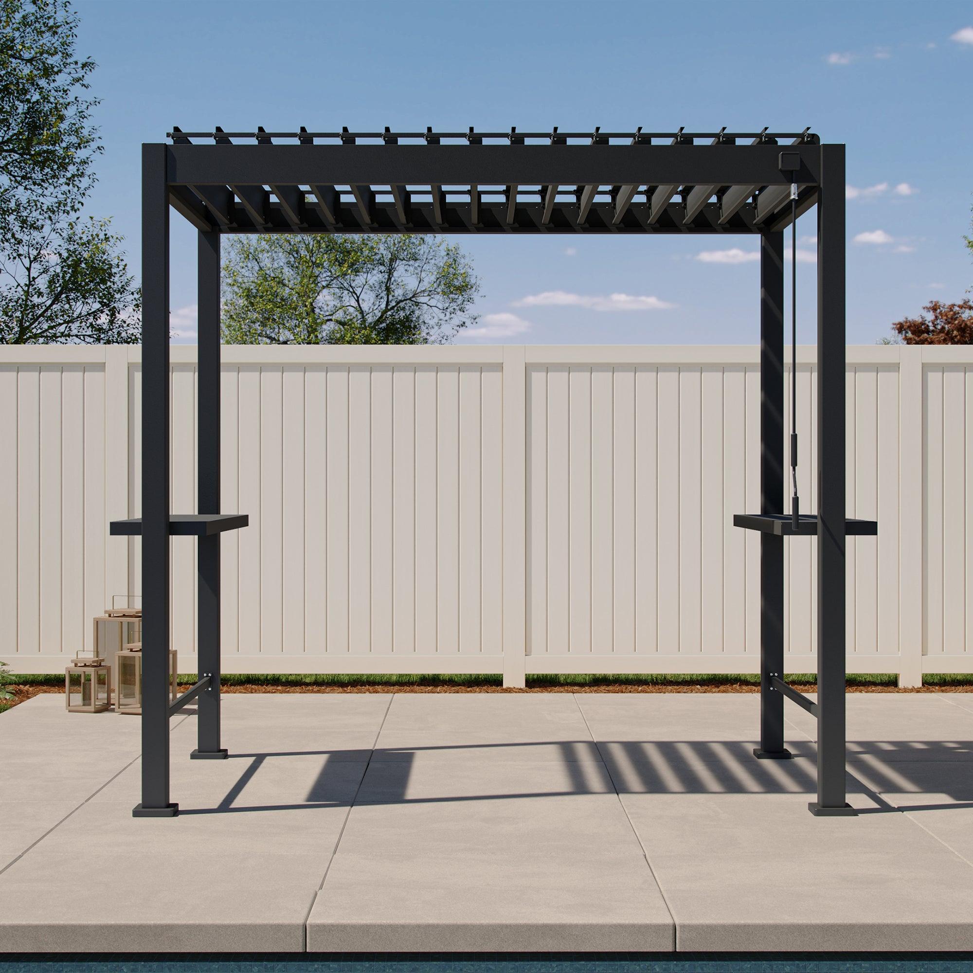 Mirador 88 Grill S1 pergola in charcoal seen head-on with the louvers open and the bar shelves extended on both sides