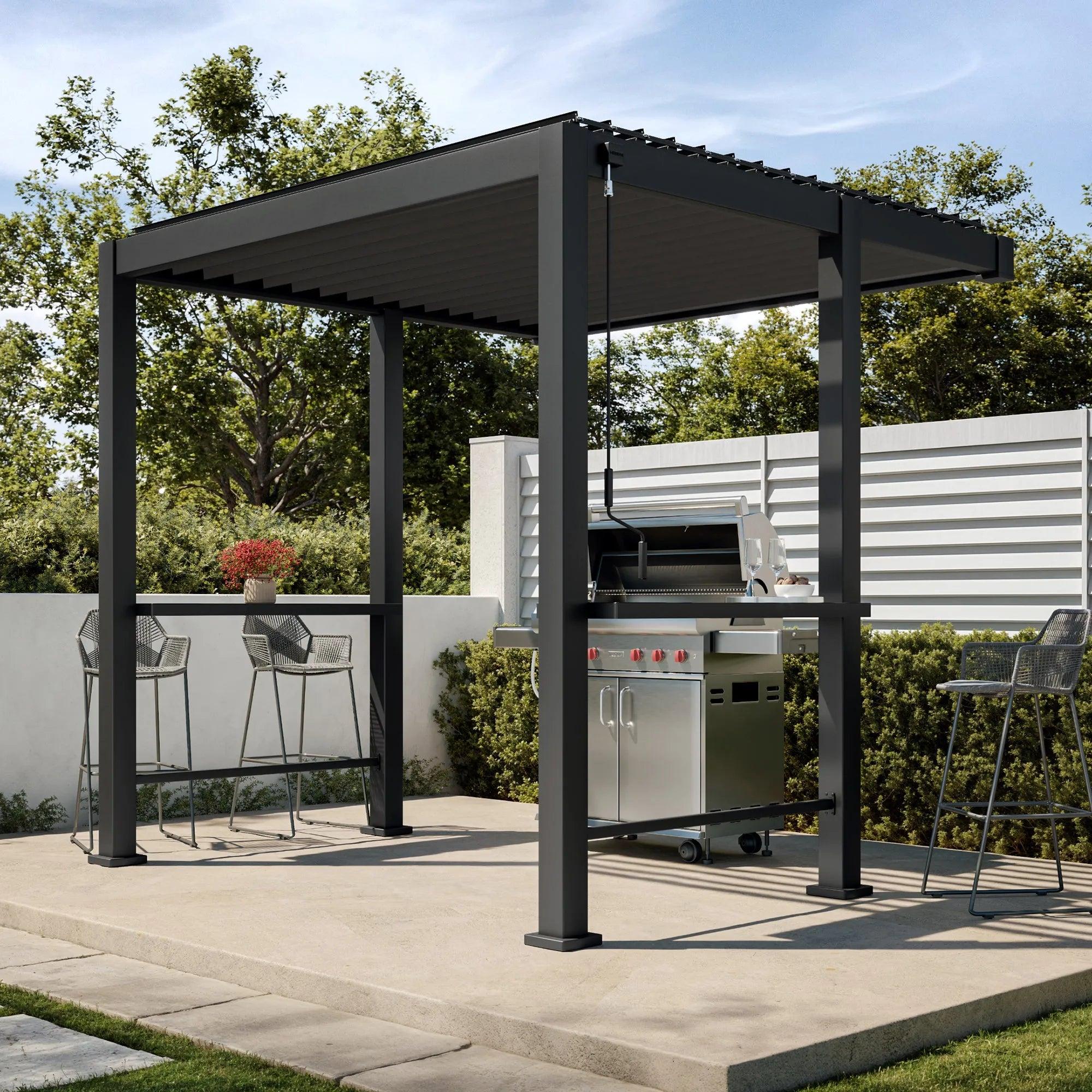 Mirador Grill XL pergola in charcoal sheltering a gas barbecue, with bar stools at the built-in bar tables