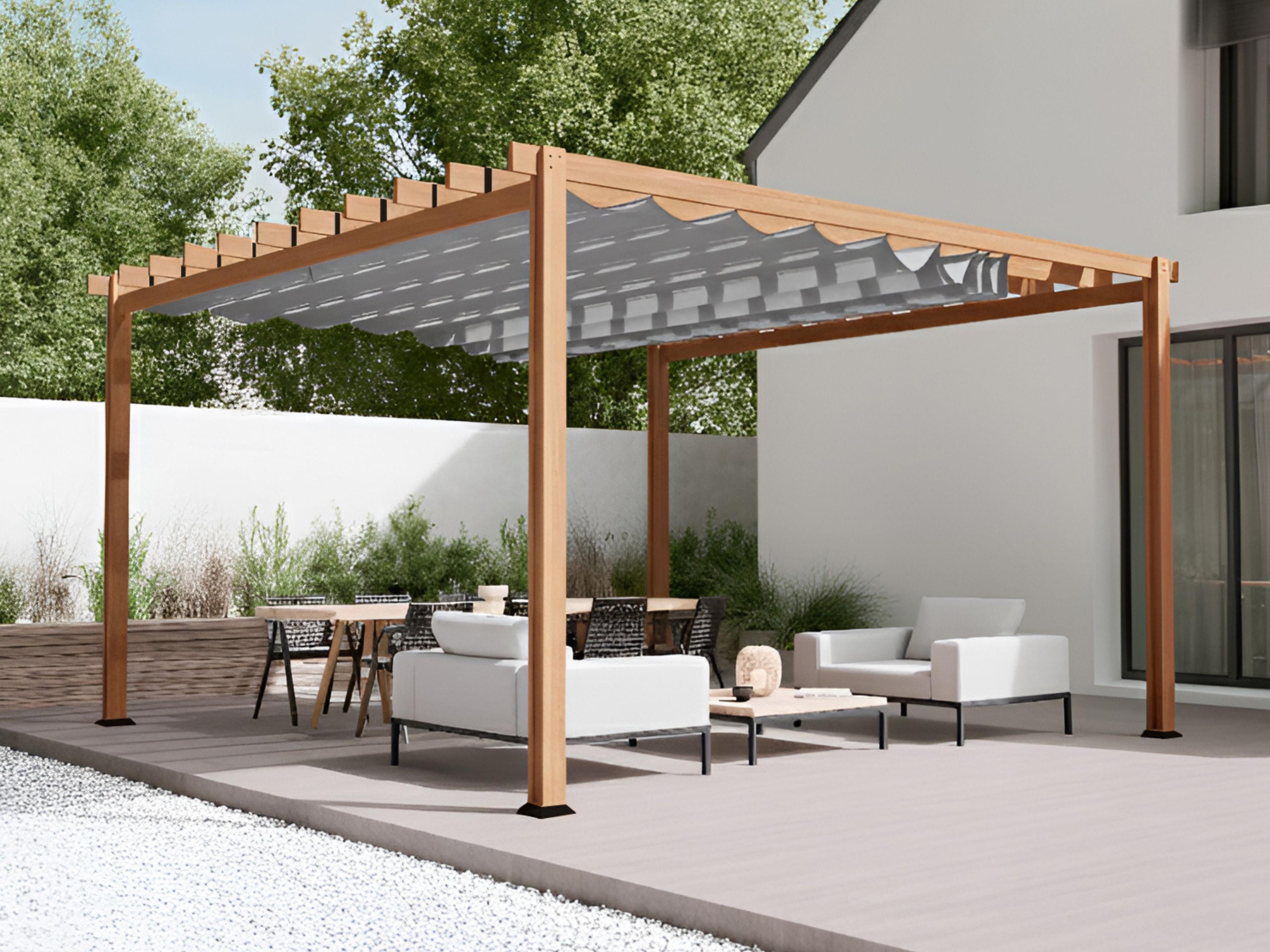 Paragon Outdoor California soft top pergola with a Tuscan Cedar aluminum frame and Sterling Silver canopy over a patio lounge