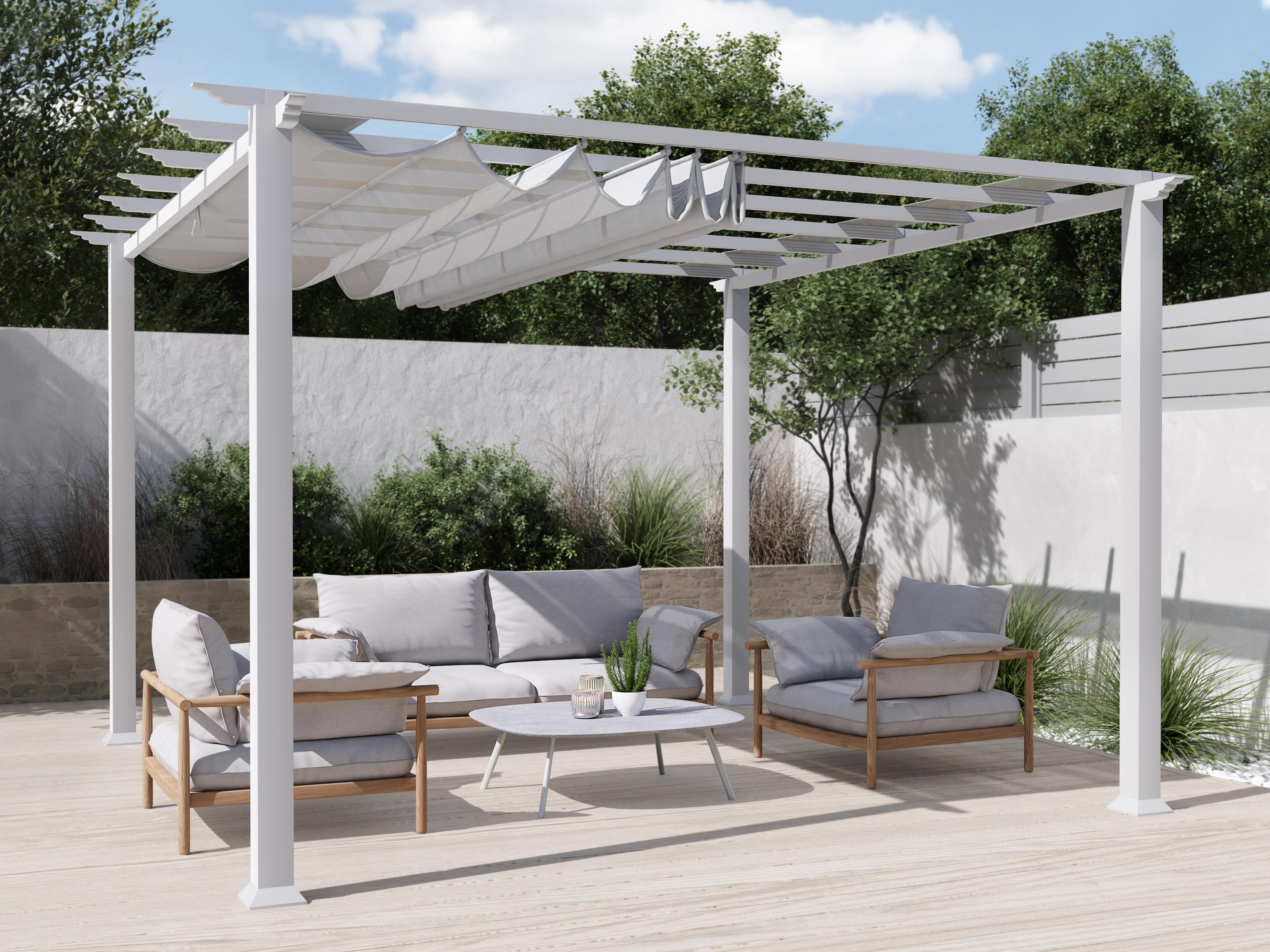 Paragon Outdoor Florence soft top pergola with a White aluminum frame and Off White canopy over a patio sofa set