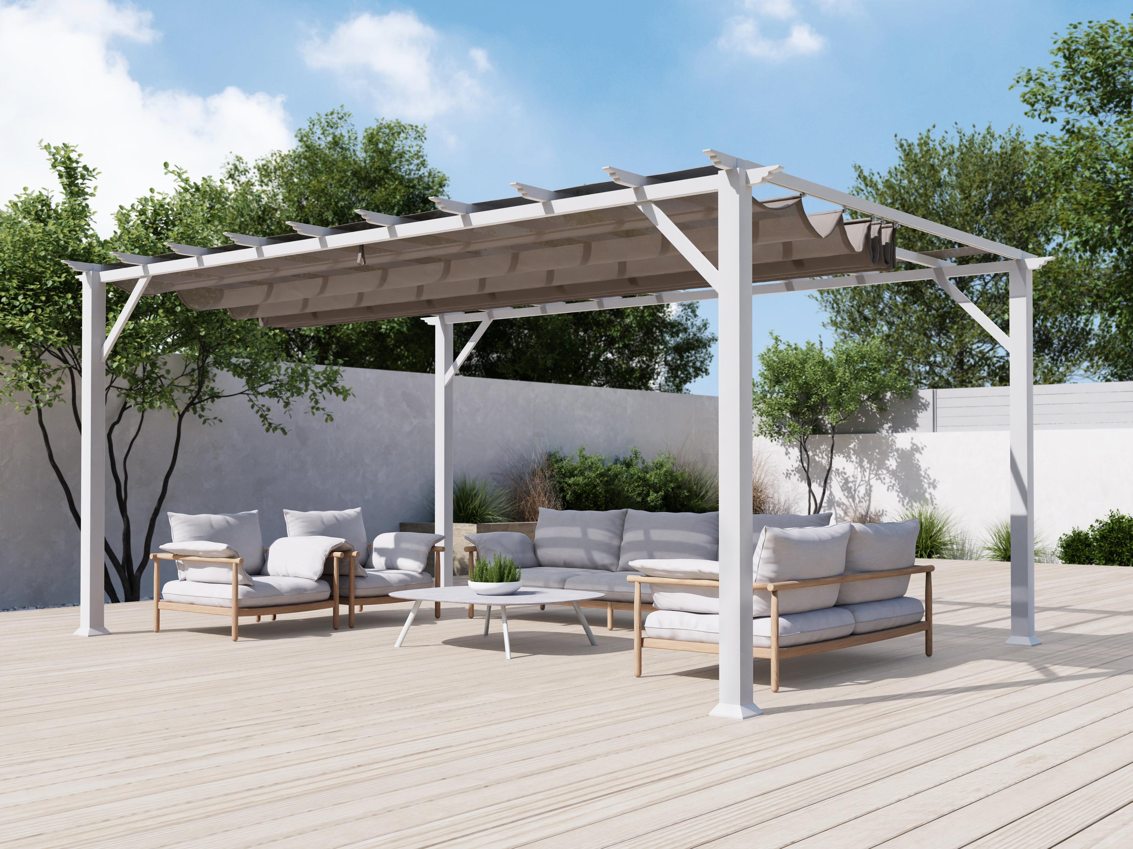 11' x 16' Florence pergola in White with the Cocoa canopy drawn across, shading a decked lounge seating area