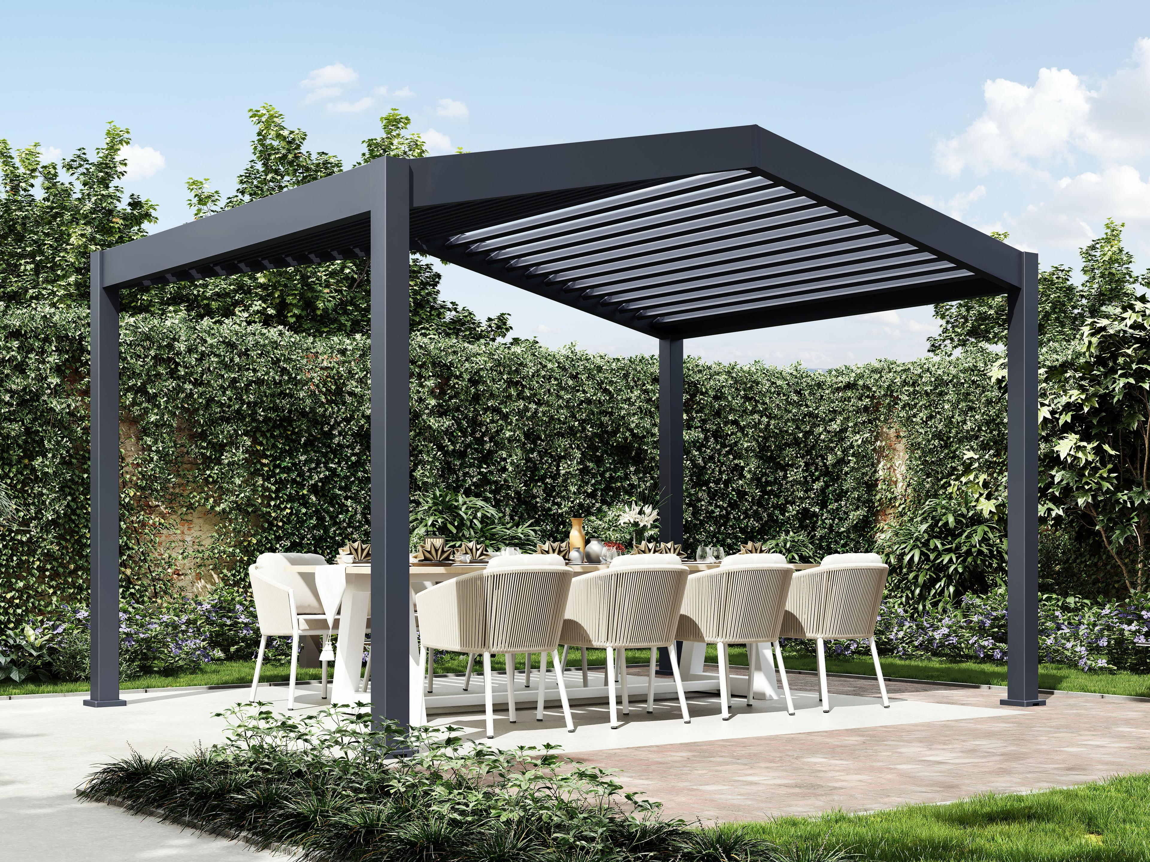 Paragon Outdoor Icon louvered pergola in Slate Gray with its pitched louvered roof over an outdoor dining table