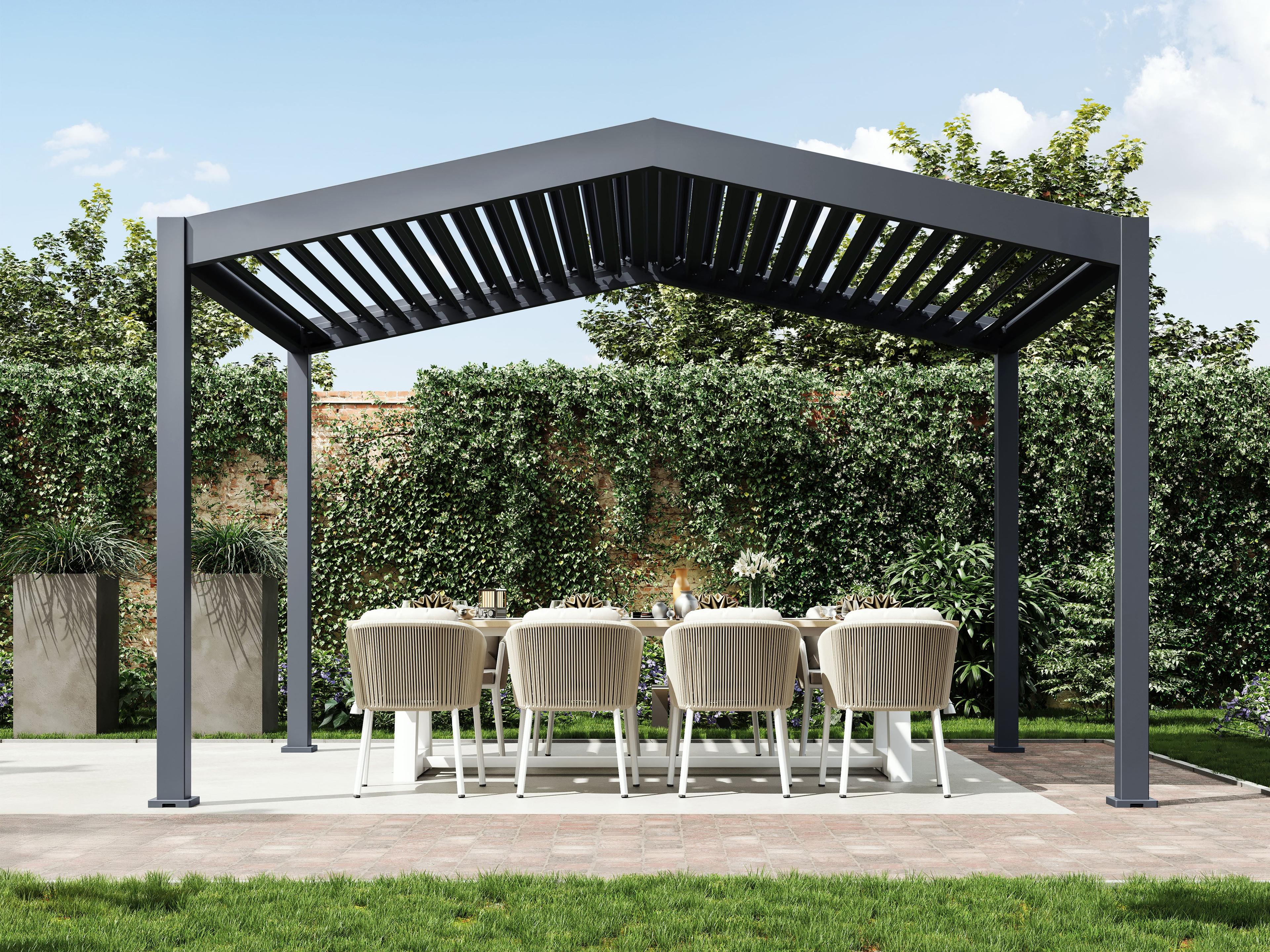 Icon louvered pergola seen head-on in a walled garden, its peaked Slate Gray roof shading a set dining table