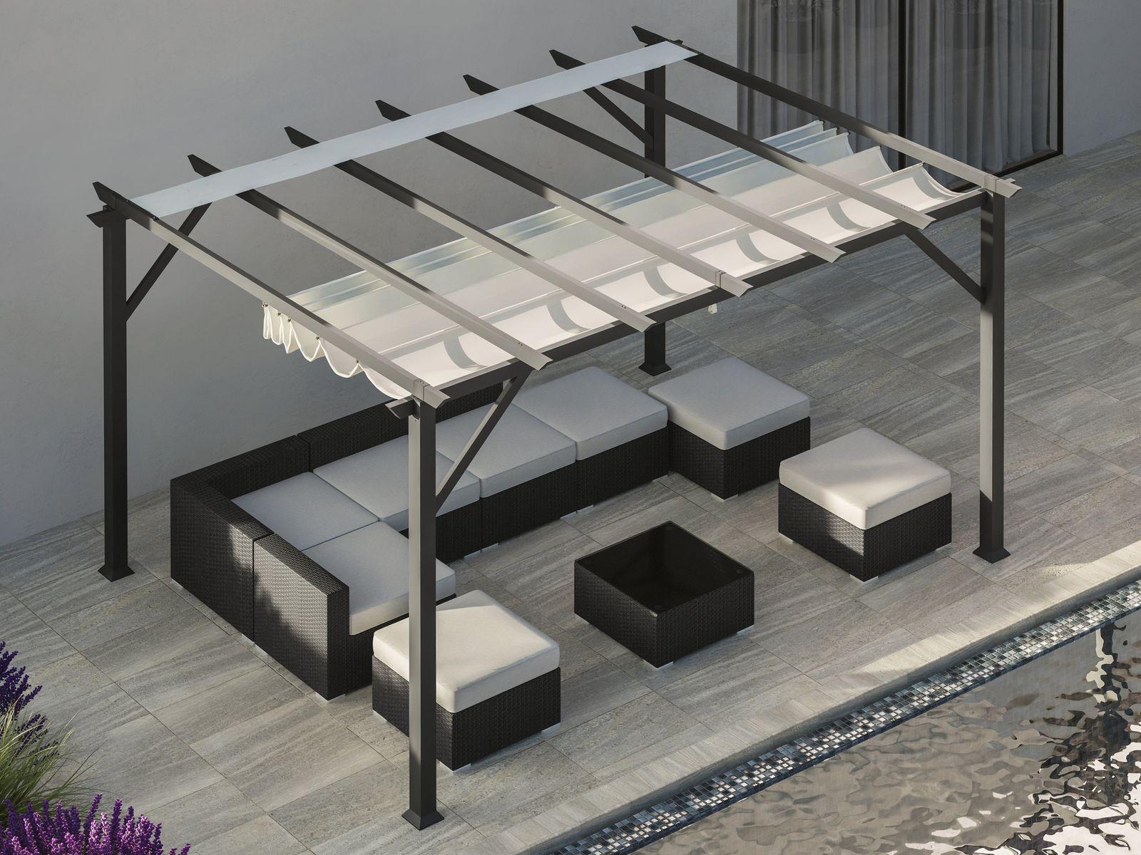 Charcoal Modena soft top pergola with its dove white canopy partly open above a patio sectional