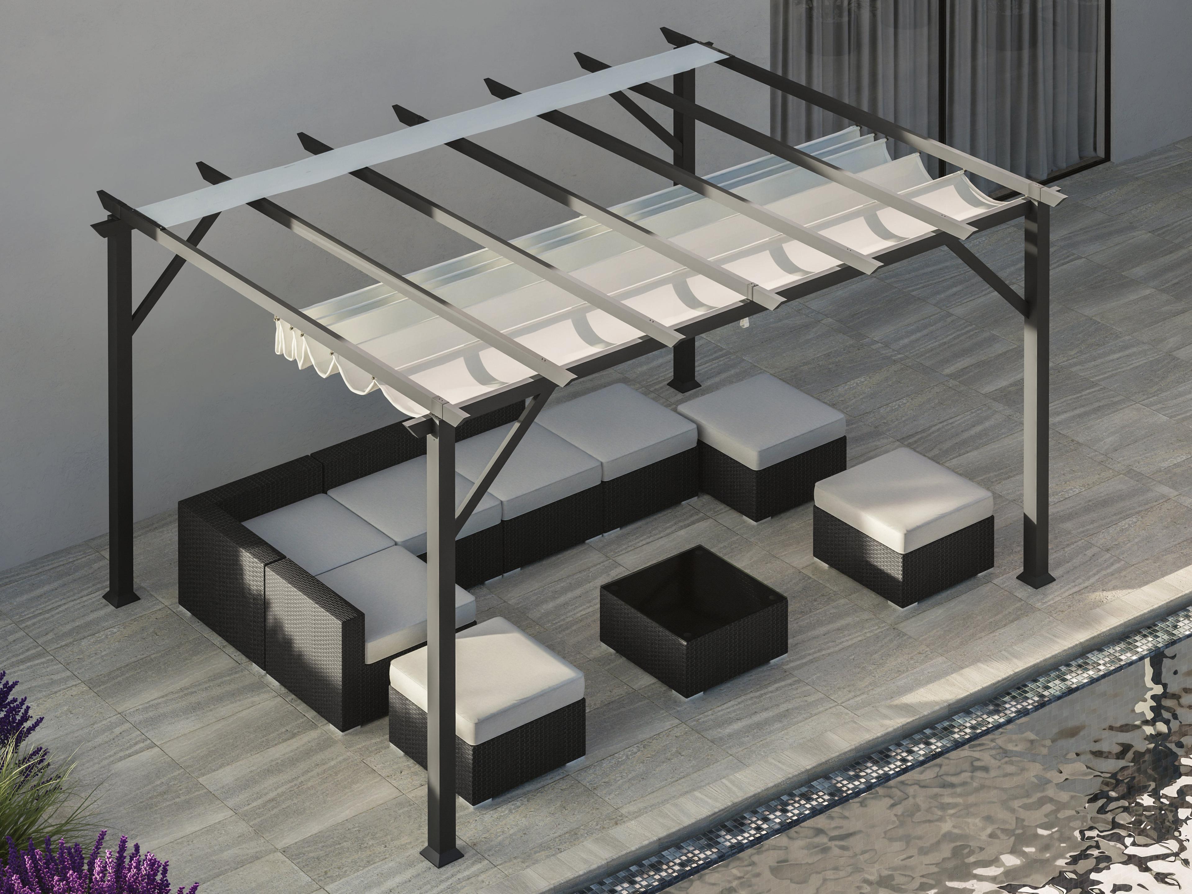 Charcoal Modena soft top pergola with its dove white canopy partly open above a patio sectional