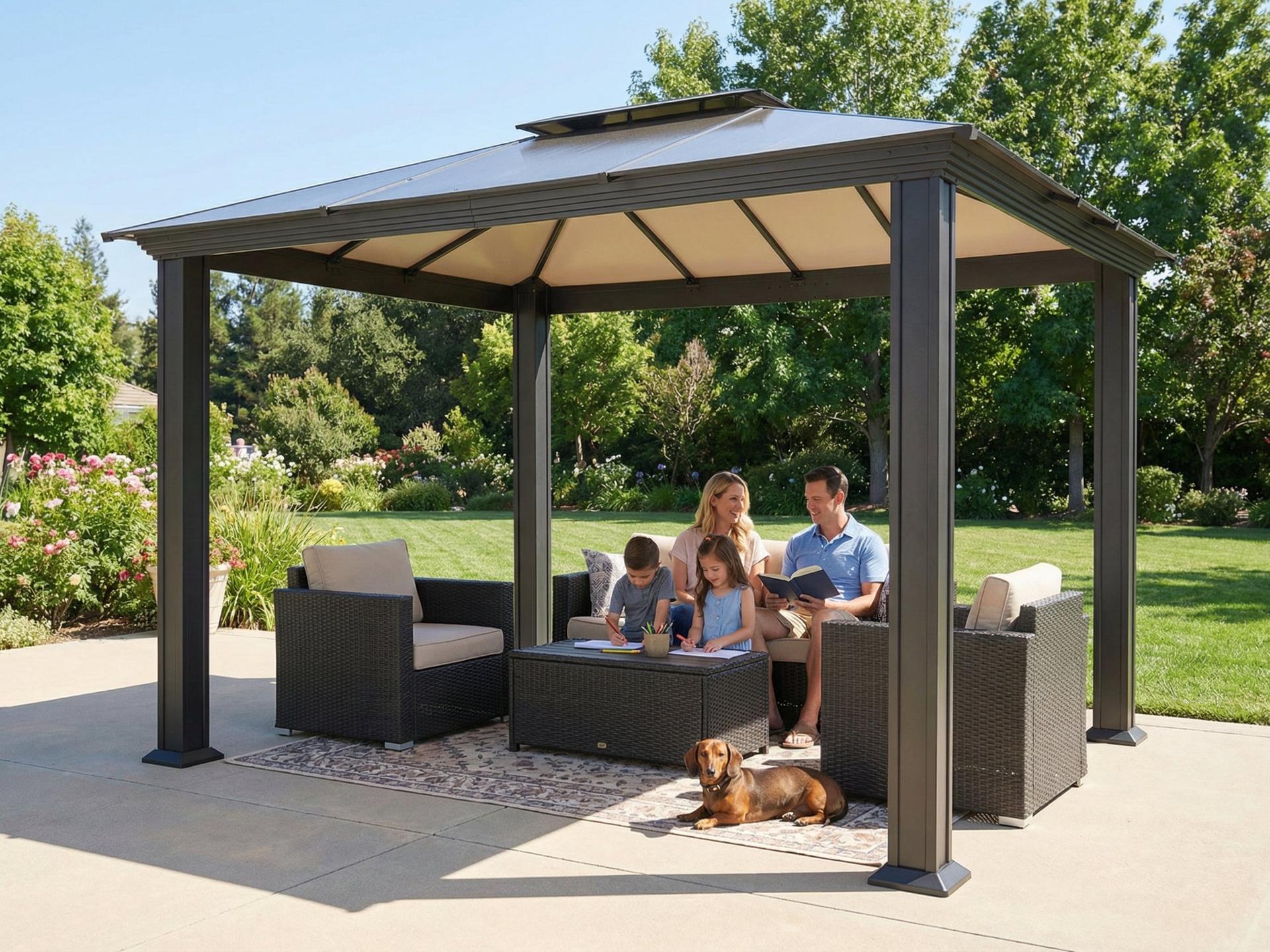 Santa Monica hard top gazebo with a family on a sofa set and a dog beneath the cream roof underside
