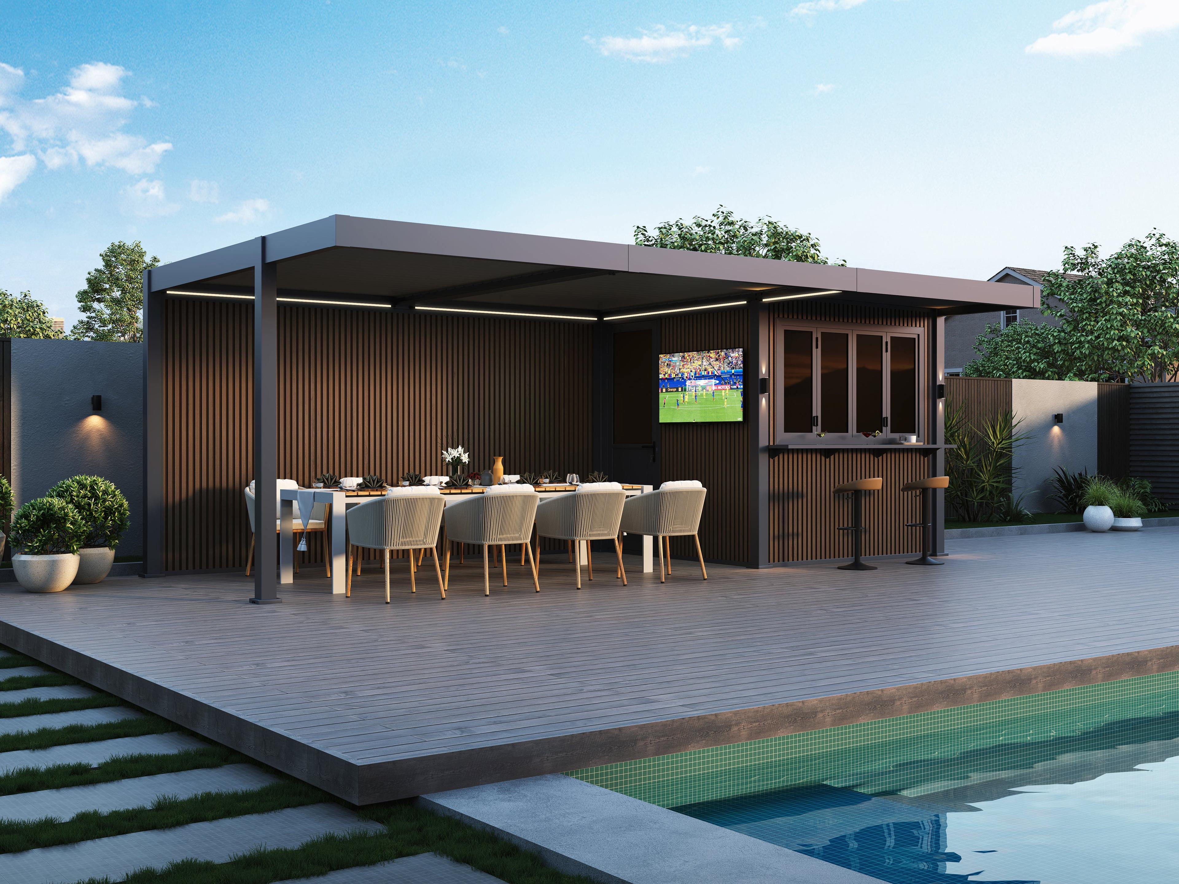 Riviera Louver Lounge with its bi-fold bar window open, a long dining table beneath the louvered roof and a TV on the Teak wall