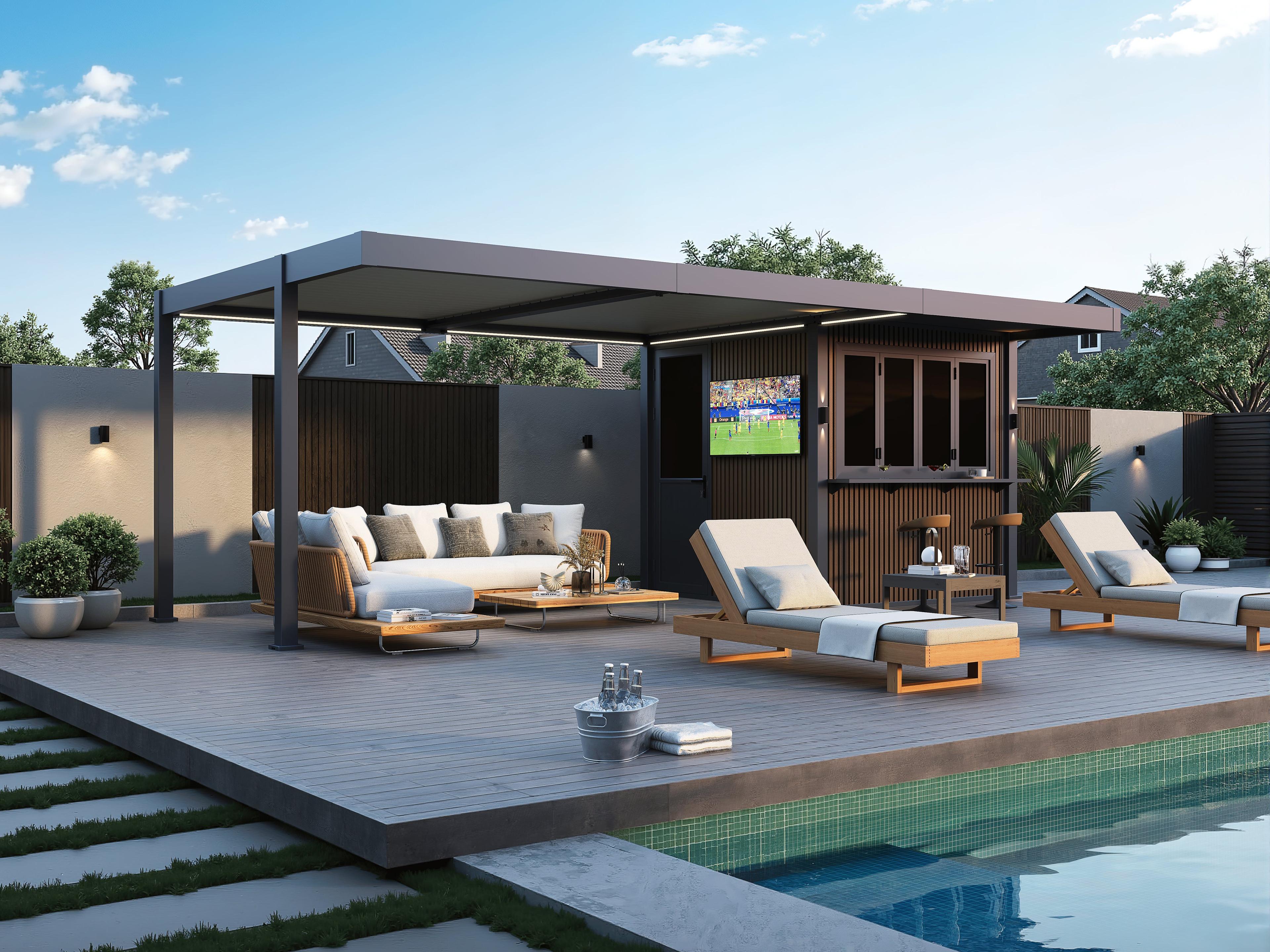 Riviera Louver Lounge in the configuration without the privacy back wall, open on three sides over a poolside deck
